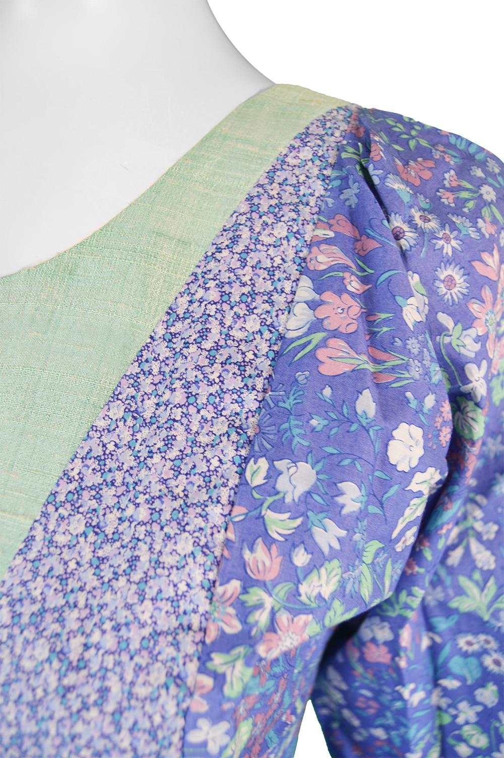 Vintage Floral Print Cotton & Green Silk Shantung Patchwork Maxi Dress, 1970s 1
