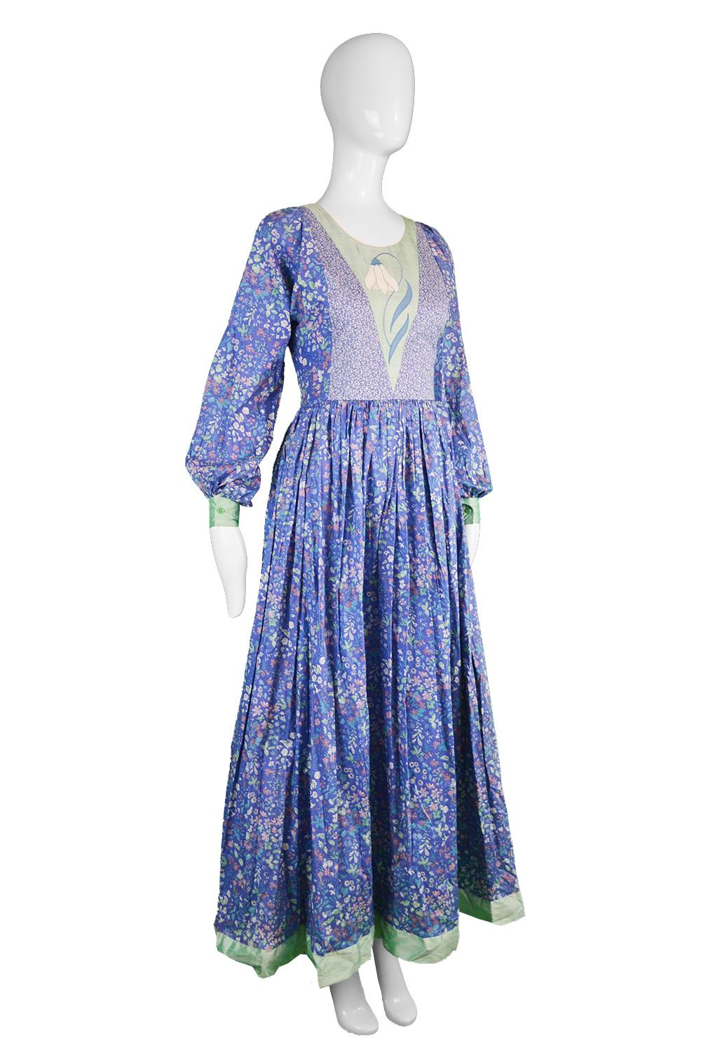 Vintage Floral Print Cotton & Green Silk Shantung Patchwork Maxi Dress, 1970s 2