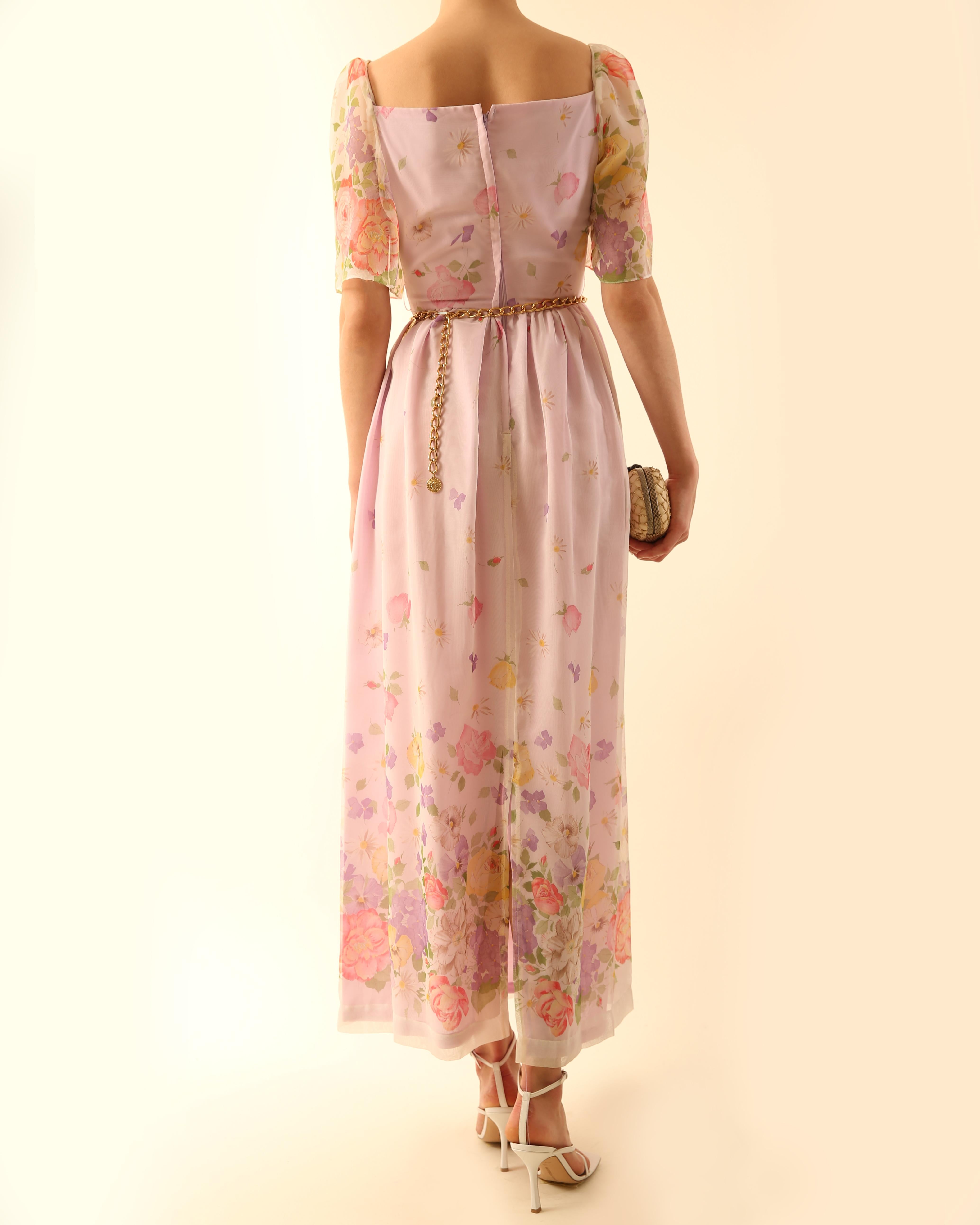 Vintage floral print lilac sheer puff sleeve maxi dress For Sale 2