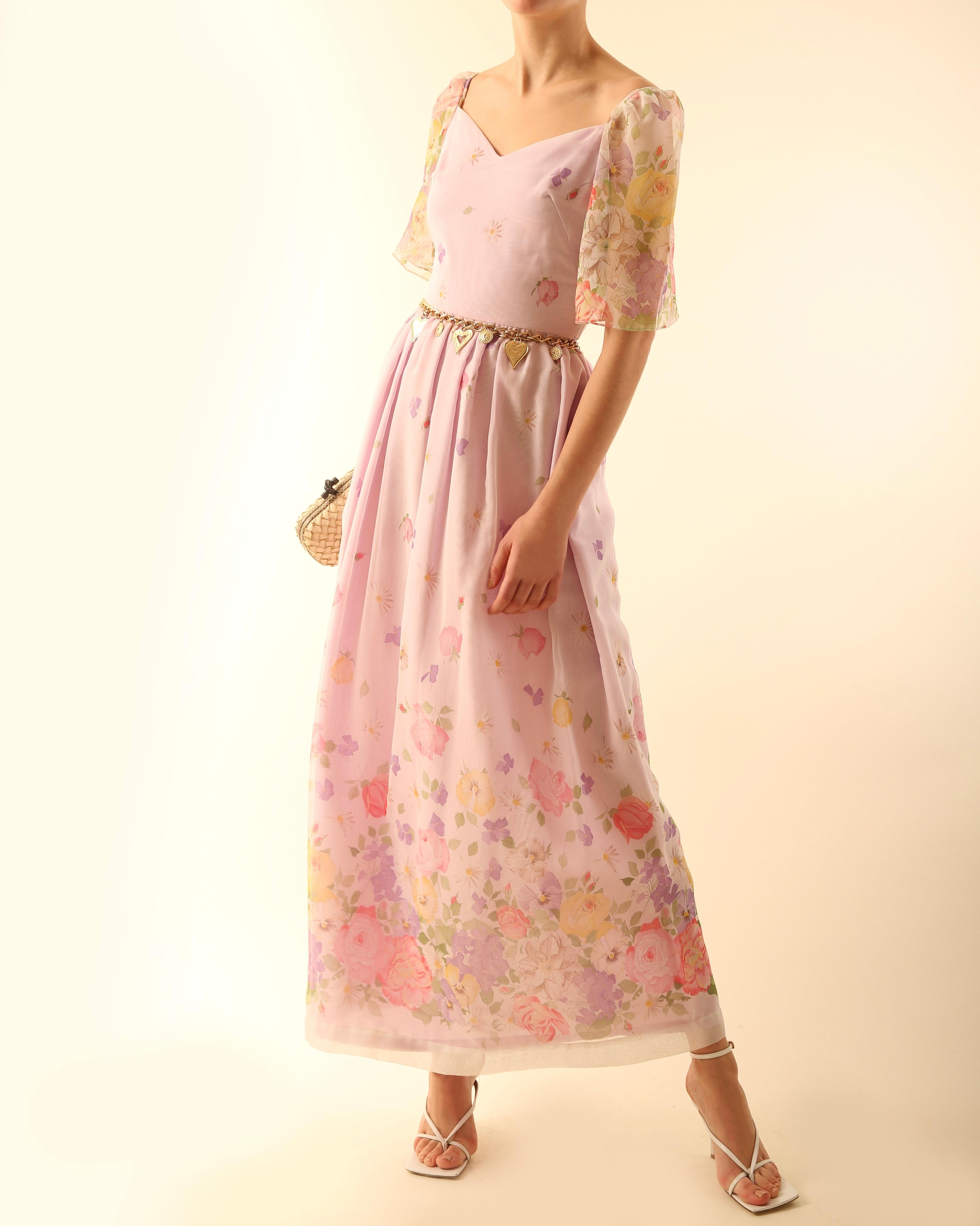 Brown Vintage floral print lilac sheer puff sleeve maxi dress For Sale