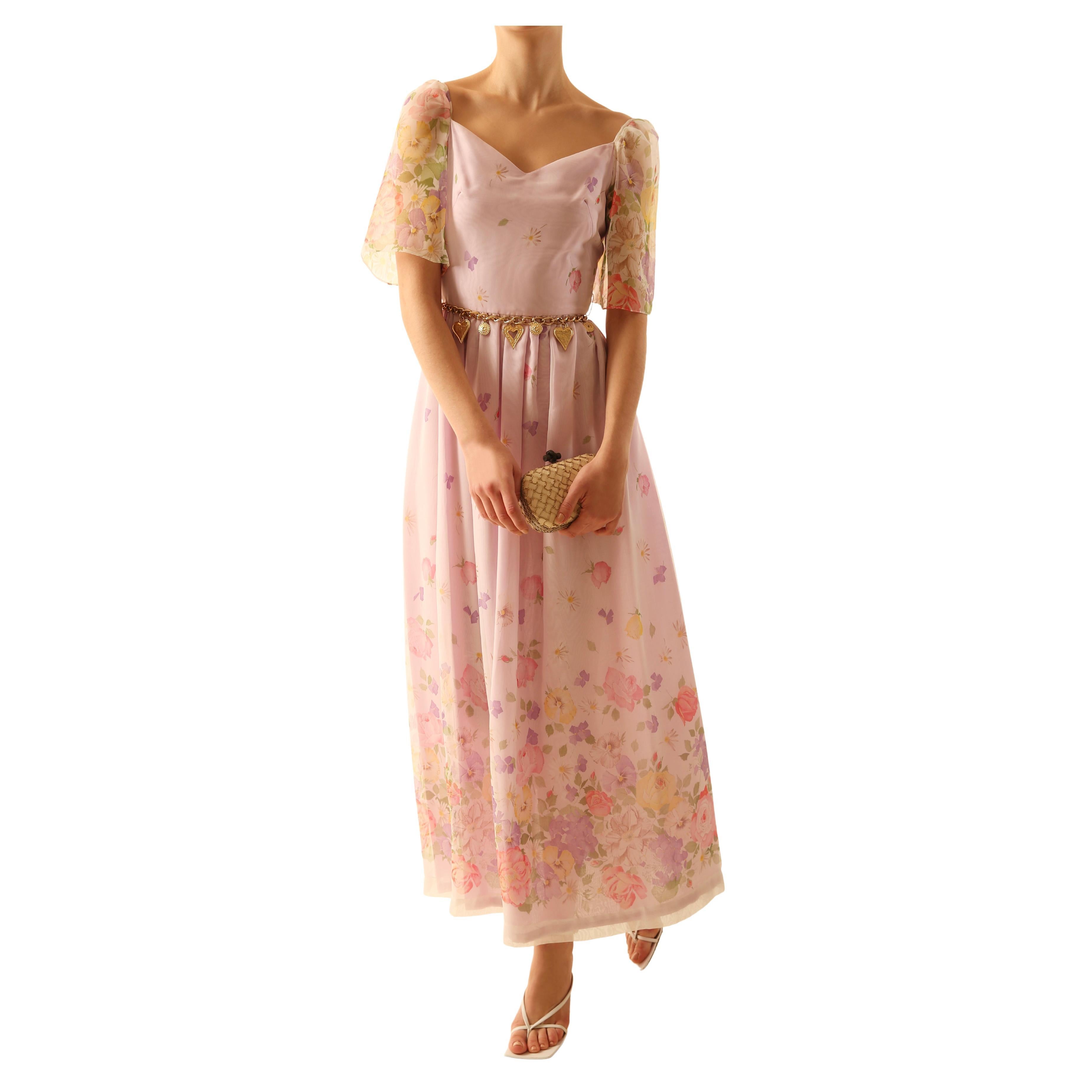 Vintage floral print lilac sheer puff sleeve maxi dress