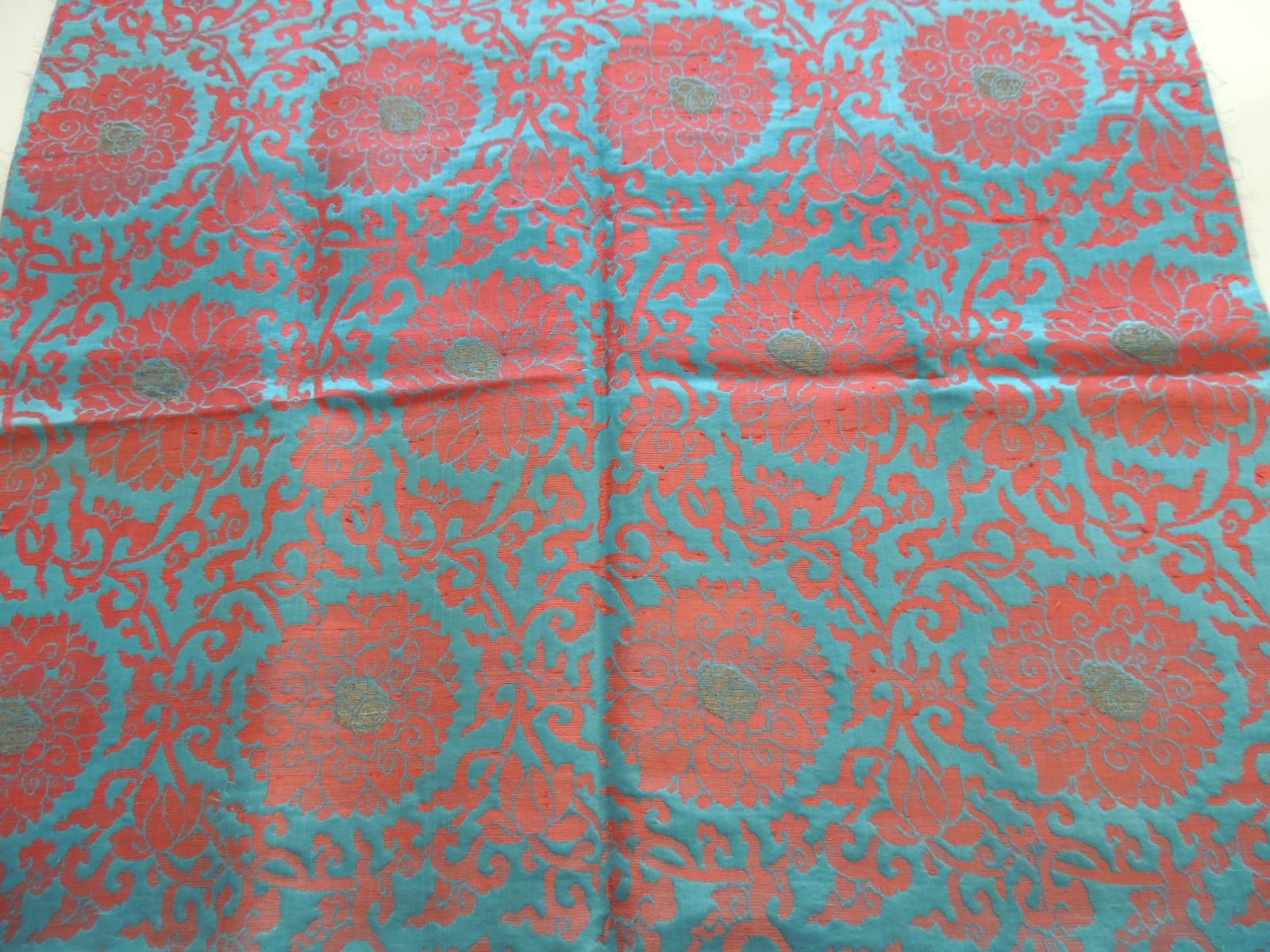 Vintage floral red and turquoise silk woven obi textile.
Chrysanthemum flowers over circles.
Ideal for pillows, upholstery or shades.
Size: 29.5