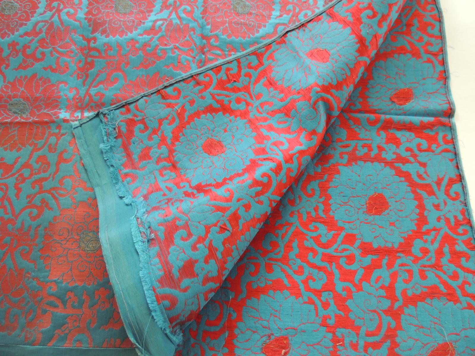 Japonisme Vintage Floral Red and Turquoise Silk Woven Obi Textile