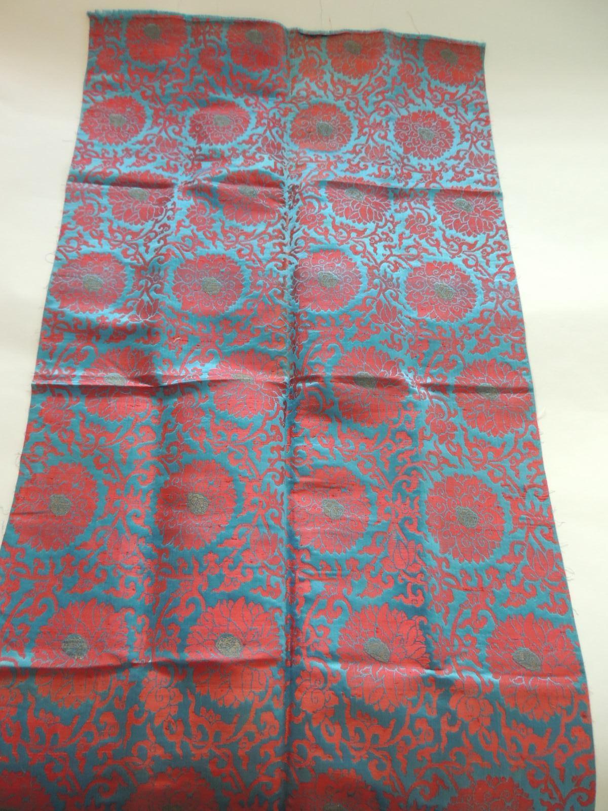 Japanese Vintage Floral Red and Turquoise Silk Woven Obi Textile