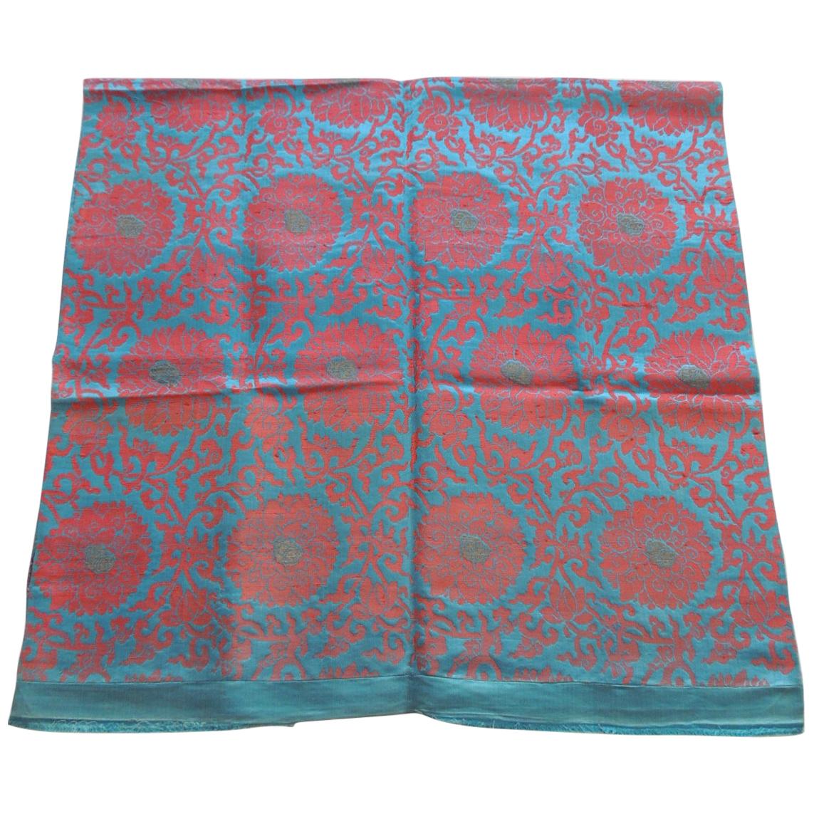 Vintage Floral Red and Turquoise Silk Woven Obi Textile