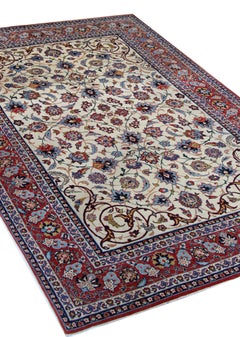 Alfombras Vintage Floral Kurk Tejida a Mano Alfombra Oriental Azul Rojo Crema 206x139cm