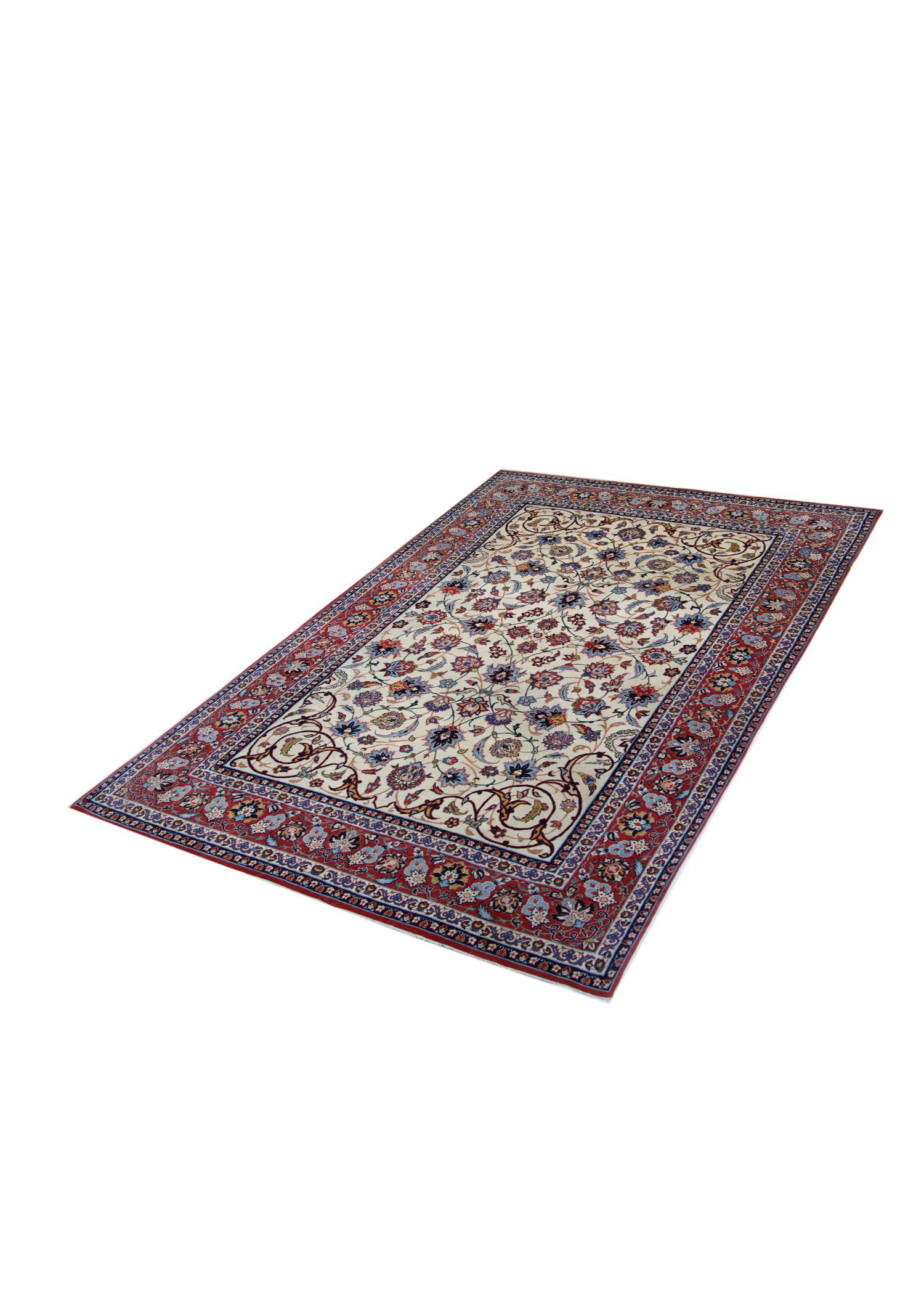 Handgewebter orientalischer Teppich in Blau, Rot und Creme, Vintage, Teppich mit Blumenmuster 206x139cm  (Arts and Crafts) im Angebot