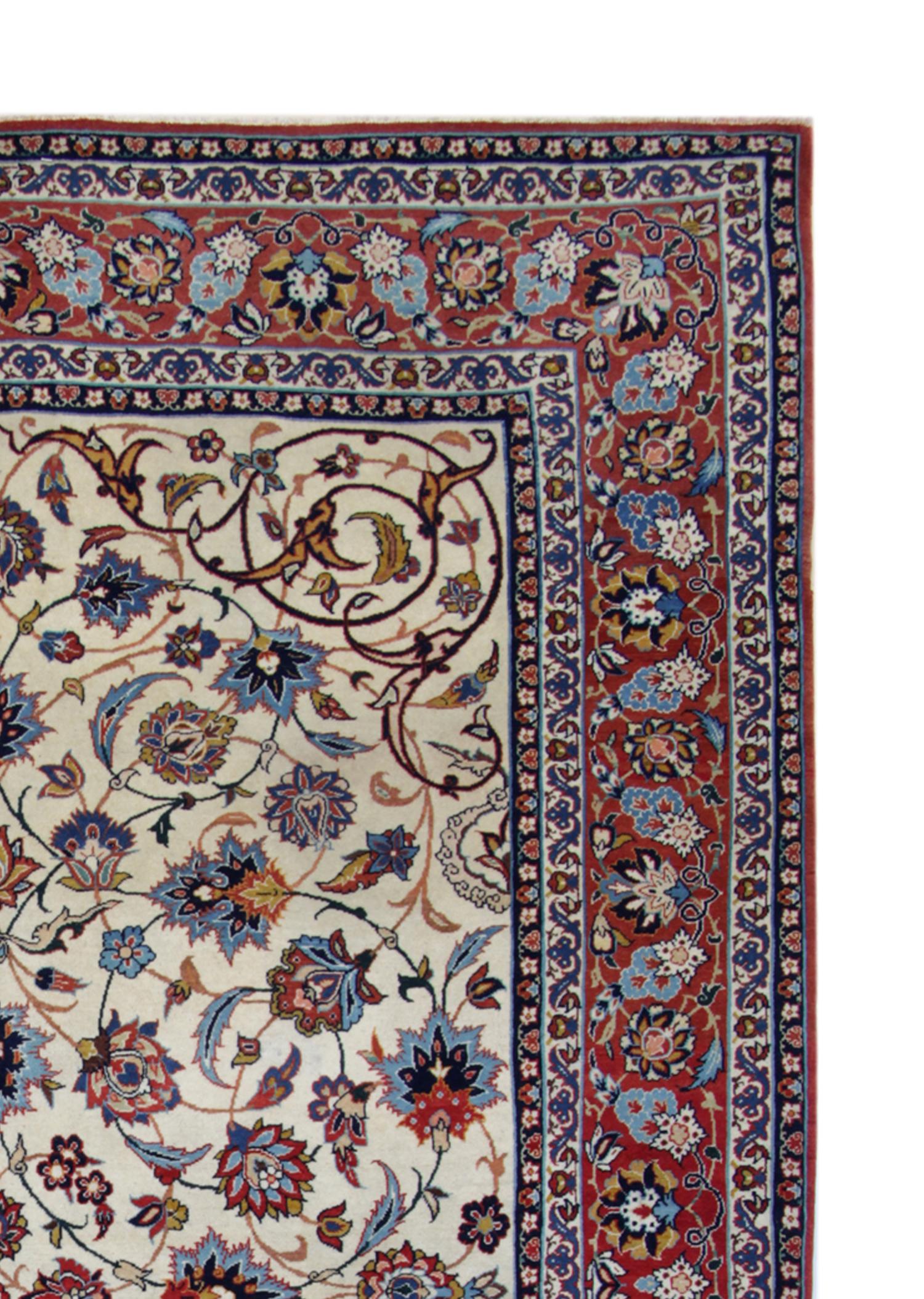 Turkish Vintage Rugs Floral Kurk Handwoven Oriental Blue Red Cream Carpet Rug 206x139cm  For Sale