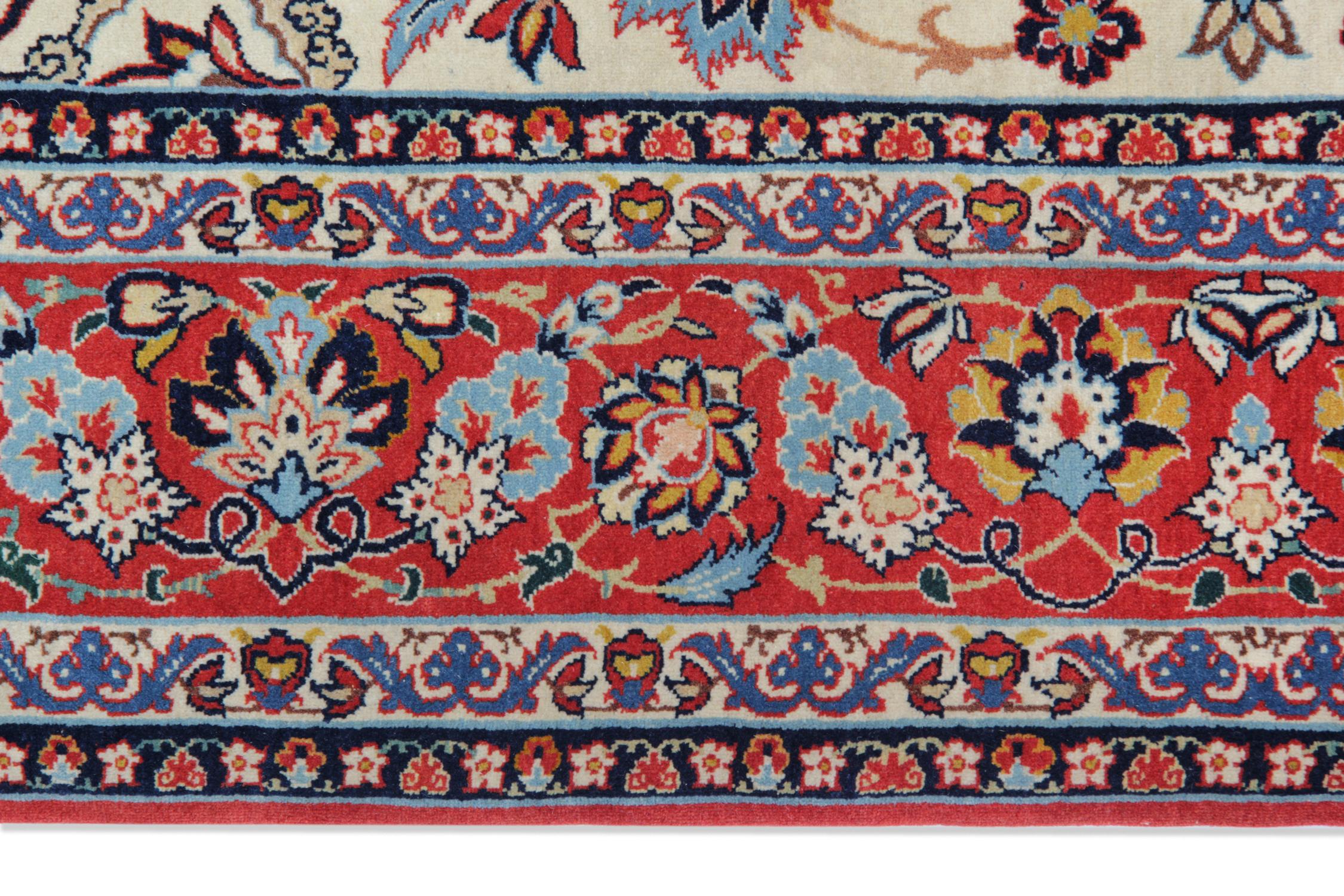 Handgewebter orientalischer Teppich in Blau, Rot und Creme, Vintage, Teppich mit Blumenmuster 206x139cm  (Wolle) im Angebot