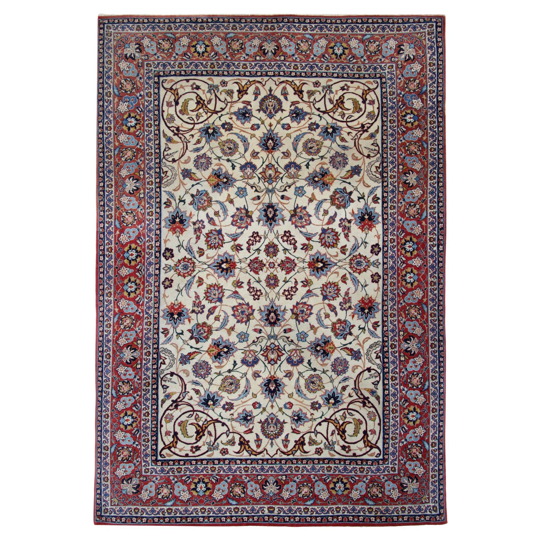 Handgewebter orientalischer Teppich in Blau, Rot und Creme, Vintage, Teppich mit Blumenmuster 206x139cm  im Angebot
