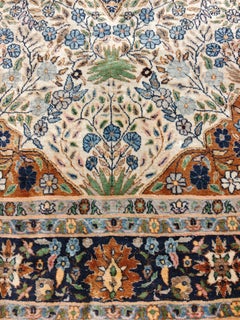 Vintage Floral Rug in ivory, blue, green and orange, hand-knotted, Pakista 1970s