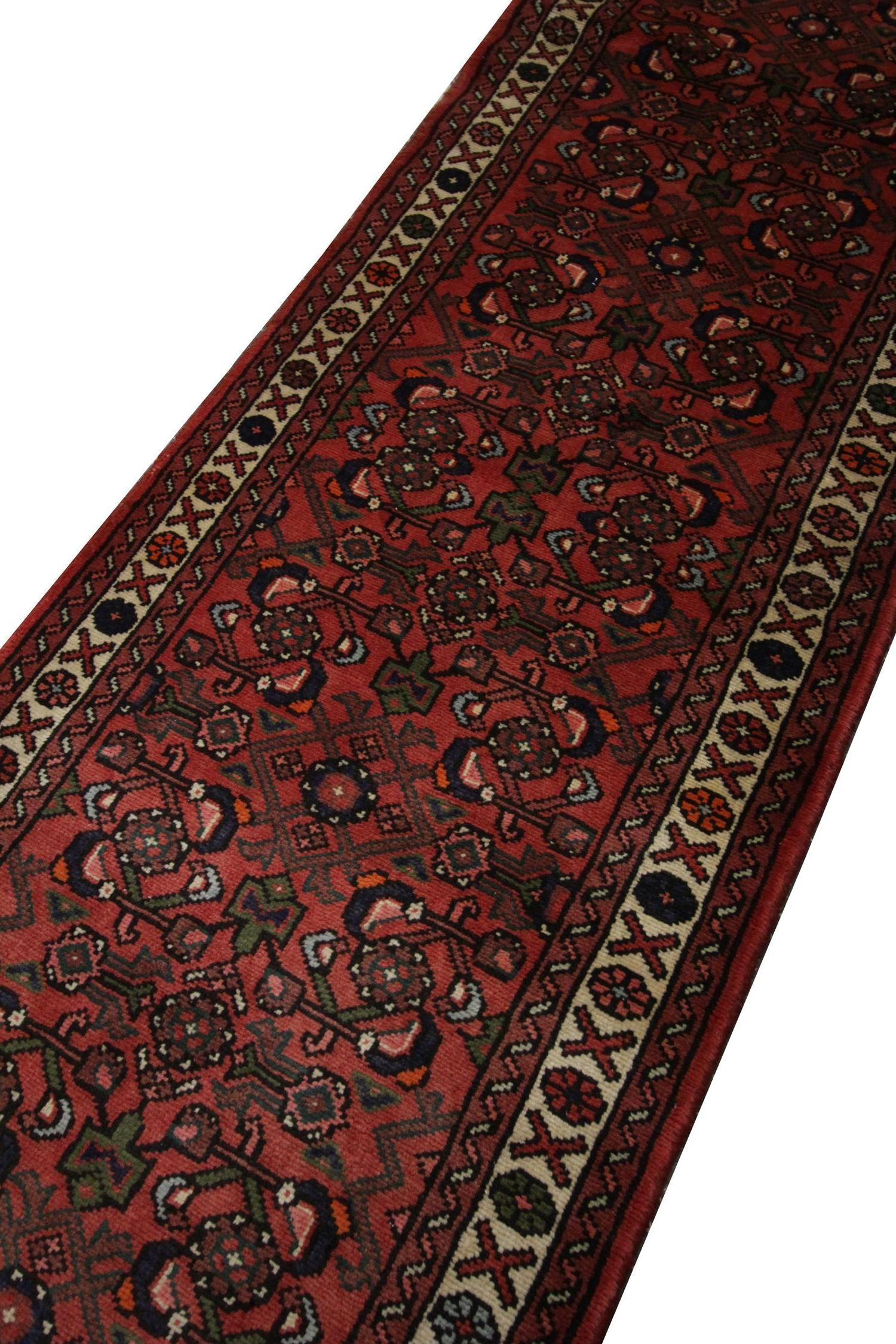 Tribal Vintage Floral Runner Rug, Oriental Long Red Traditional Wool Carpet For Sale