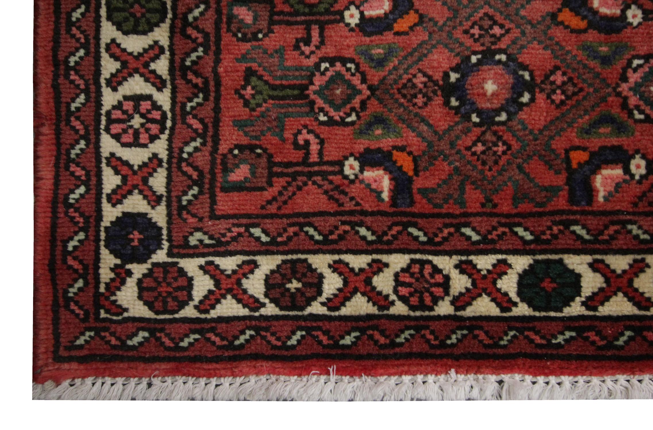 Azerbaijani Vintage Floral Runner Rug, Oriental Long Red Traditional Wool Carpet For Sale