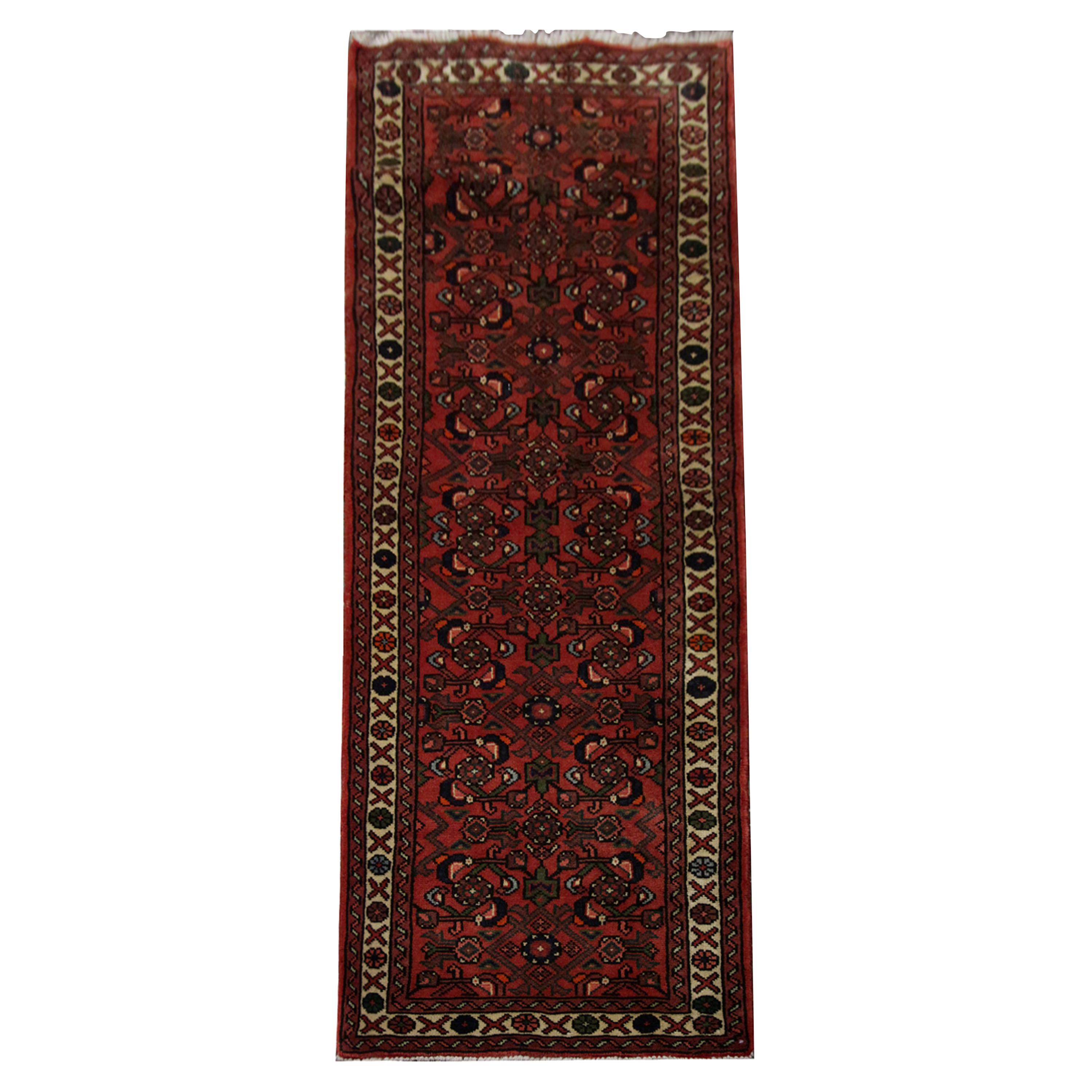 Vintage Floral Runner Rug, Oriental Long Red Traditional Wool Carpet For Sale