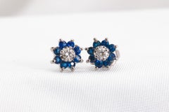 Vintage Floral Sapphire and Diamond Studs in 14k White Gold
