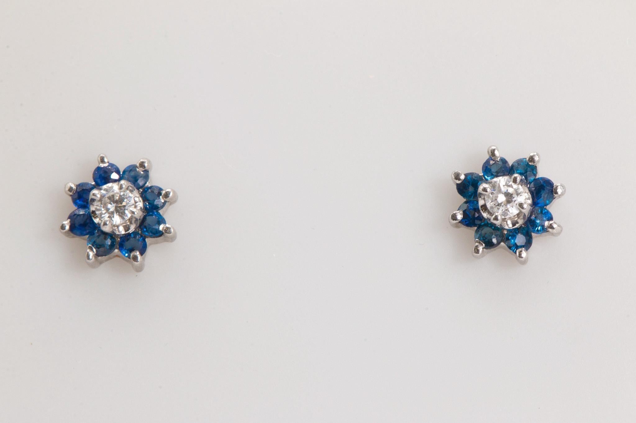Round Cut Vintage Floral Sapphire and Diamond Studs in 14k White Gold For Sale