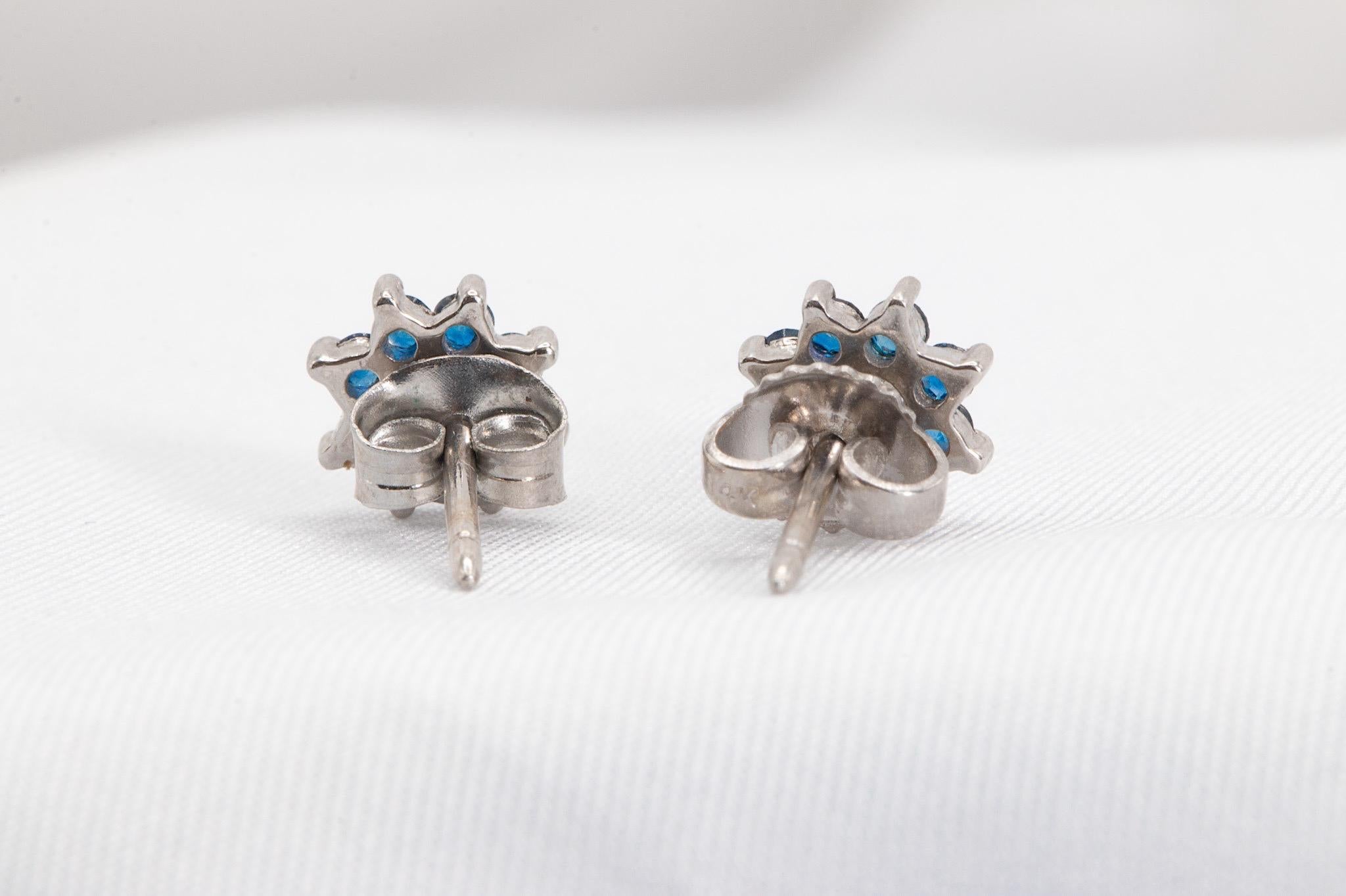Women's Vintage Floral Sapphire and Diamond Studs in 14k White Gold For Sale