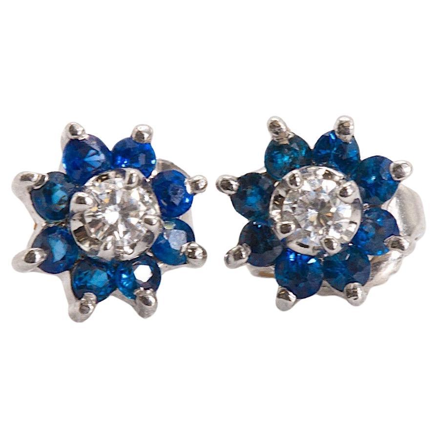 Vintage Floral Sapphire and Diamond Studs in 14k White Gold