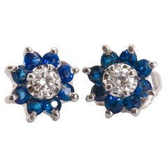 Vintage Floral Sapphire and Diamond Studs in 14k White Gold