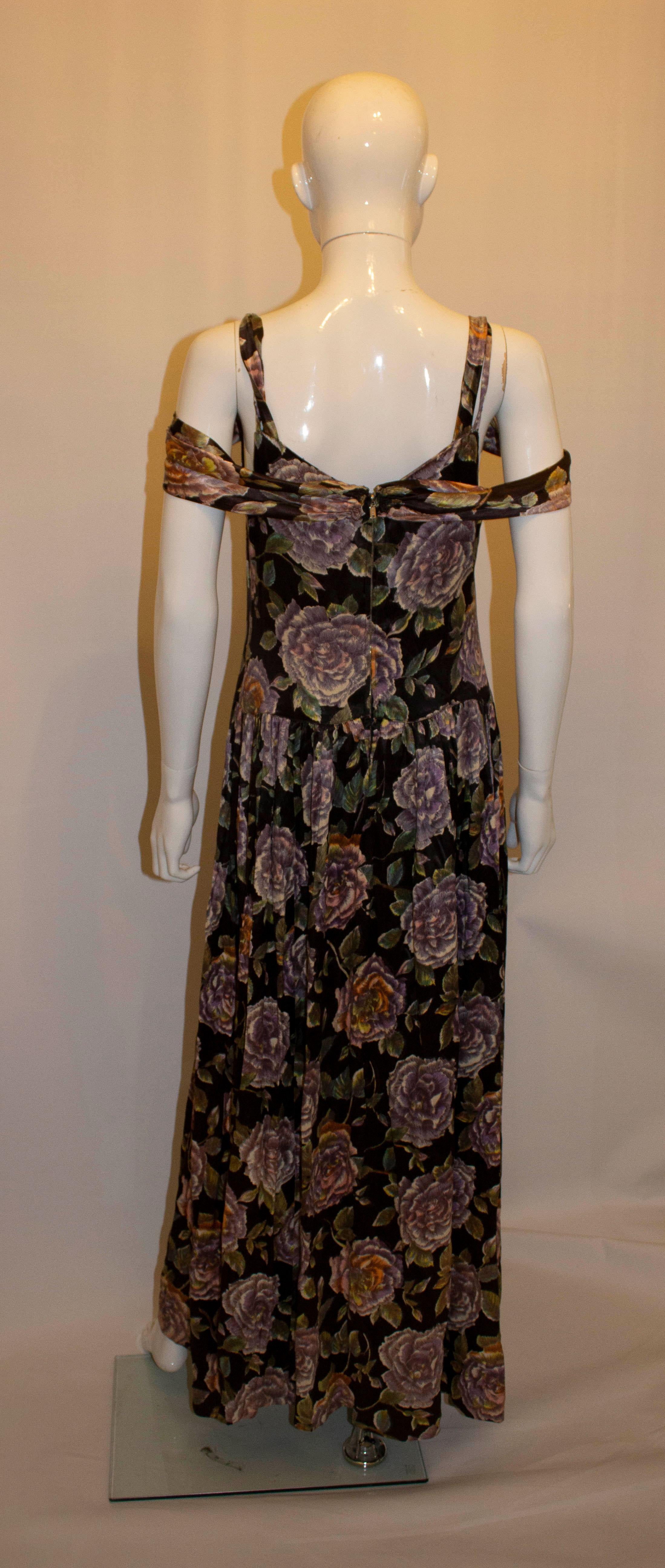 Black Vintage Floral Satin Evening Gown For Sale