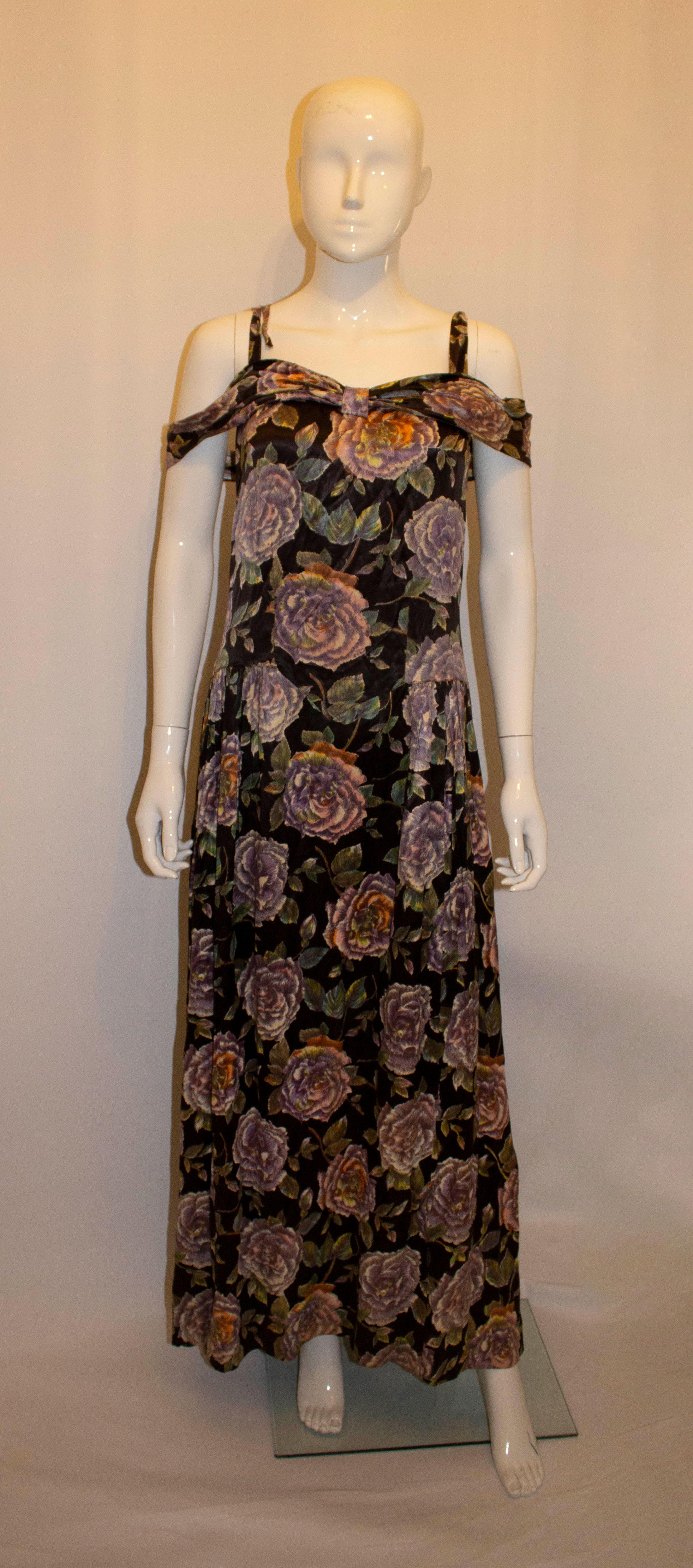 Vintage Floral Satin Evening Gown In Good Condition For Sale In London, GB