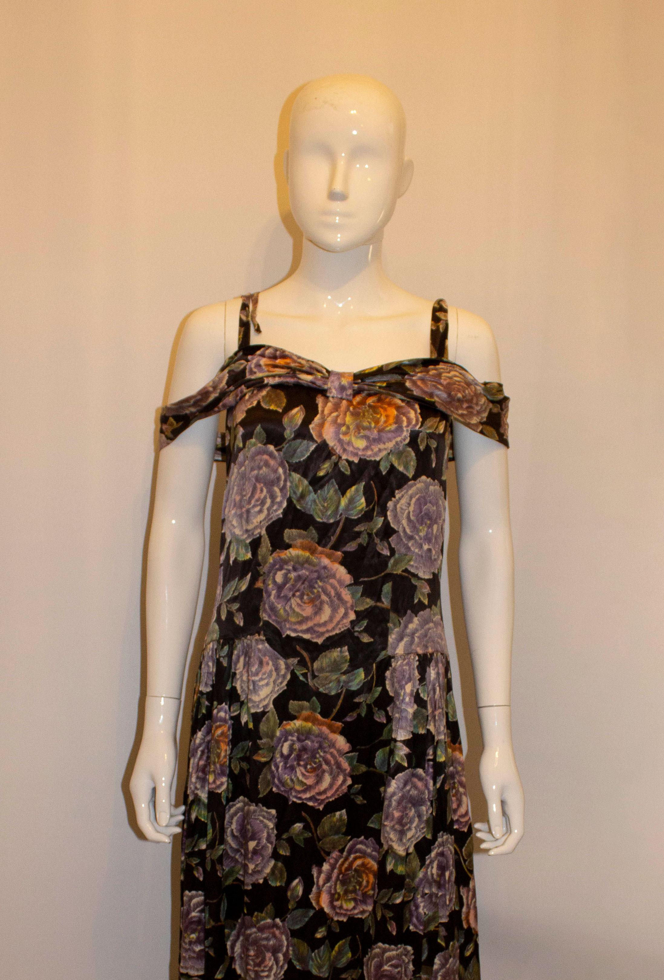 Vintage Floral Satin Evening Gown For Sale 1