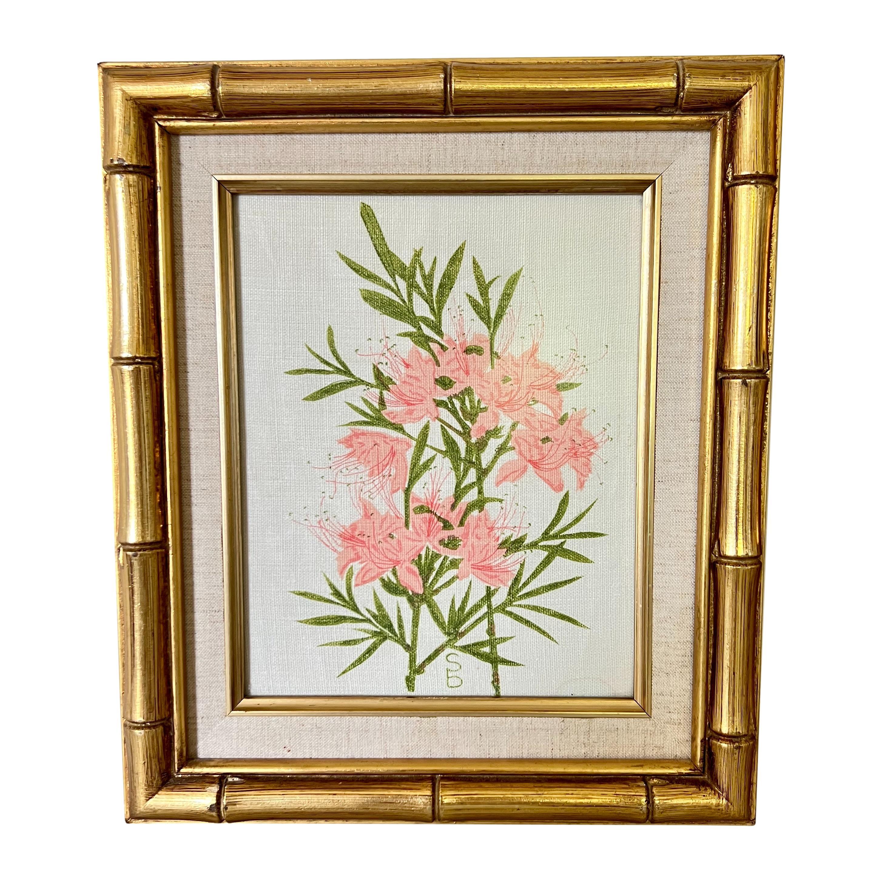 Chinoiserie Vintage Floral Silk Screens in Faux Bamboo Giltwood Frames, a Pair