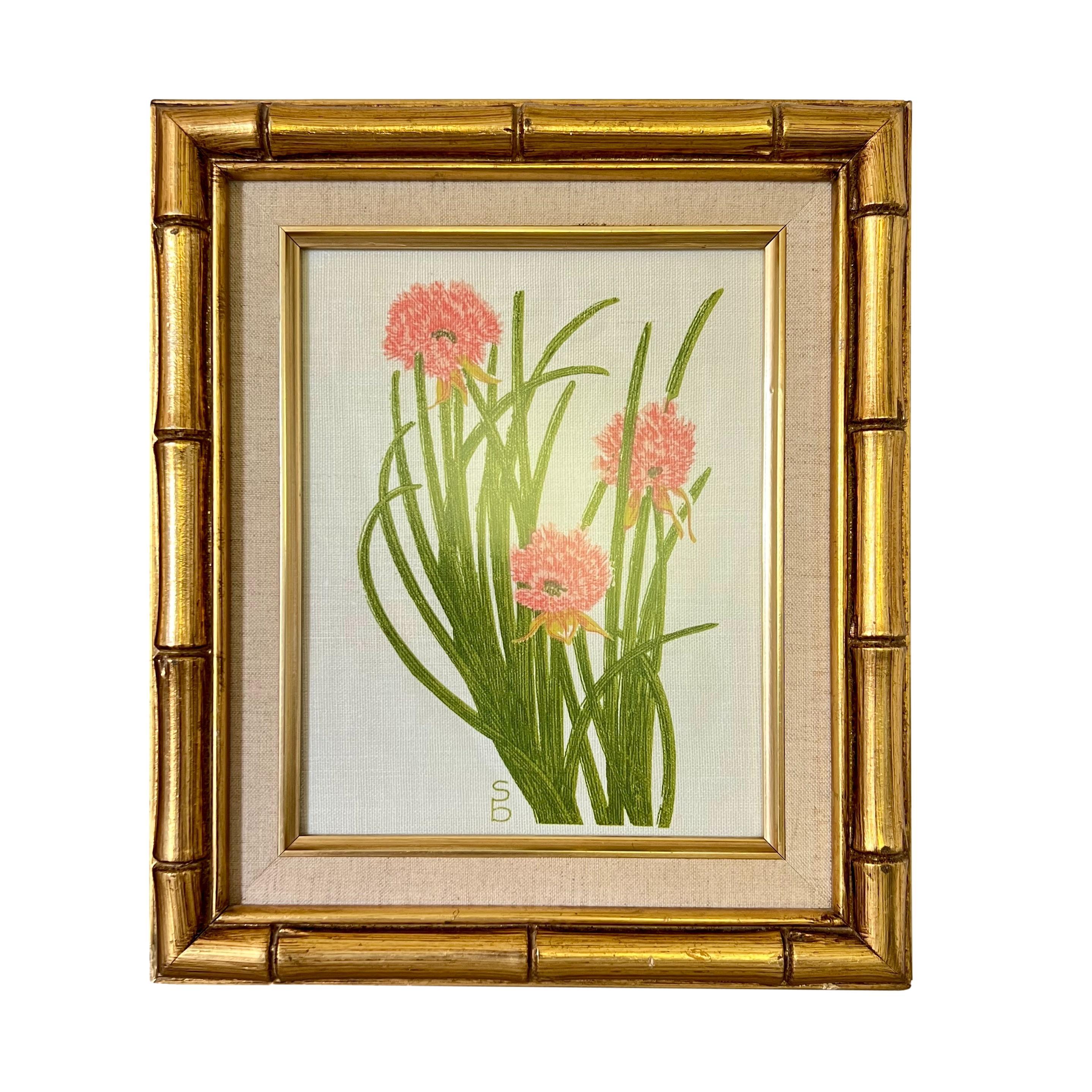 Saint Lucian Vintage Floral Silk Screens in Faux Bamboo Giltwood Frames, a Pair