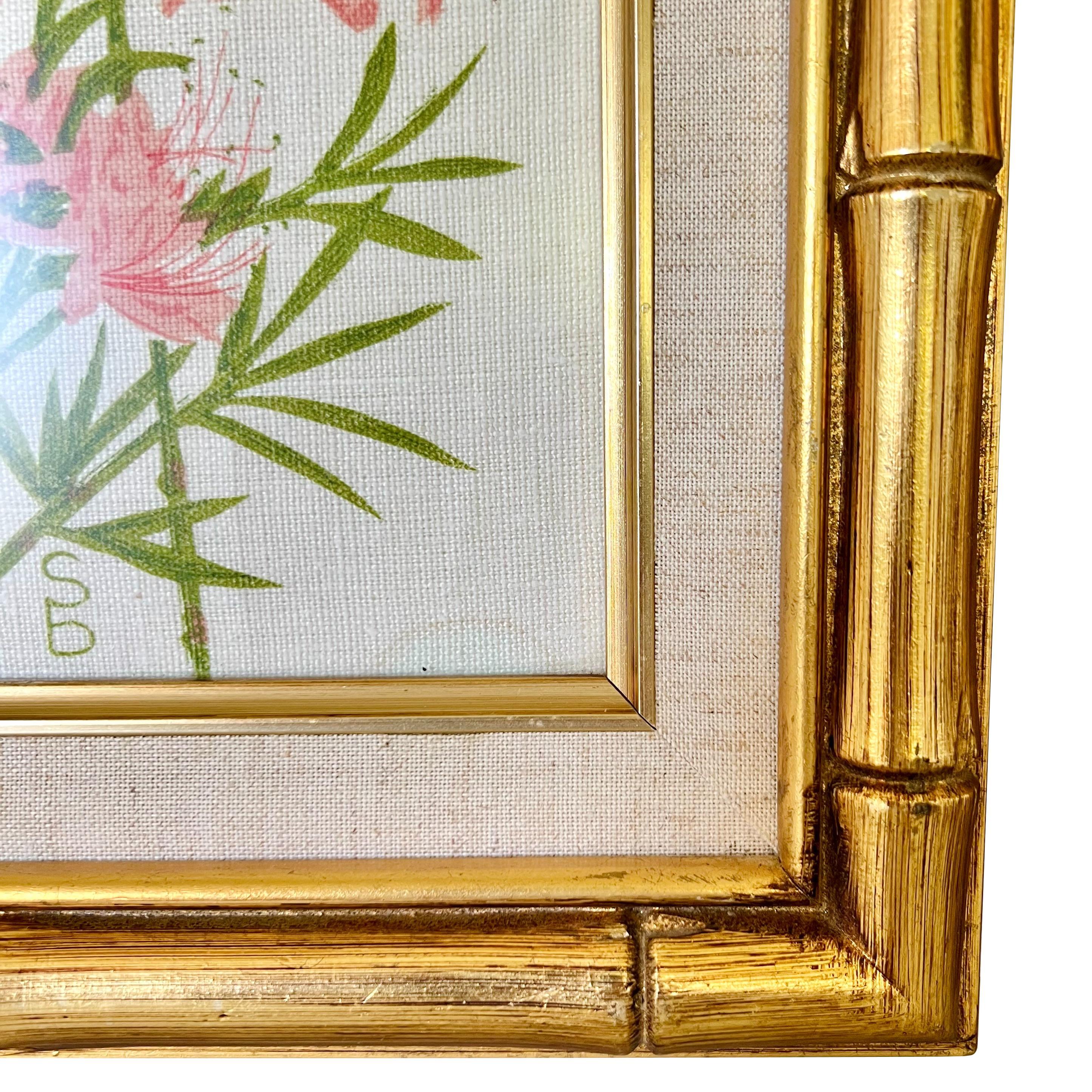 Fabric Vintage Floral Silk Screens in Faux Bamboo Giltwood Frames, a Pair