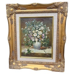 Cuadro al óleo firmado Vintage Floral Bouquet Still Life en marco dorado ornamentado