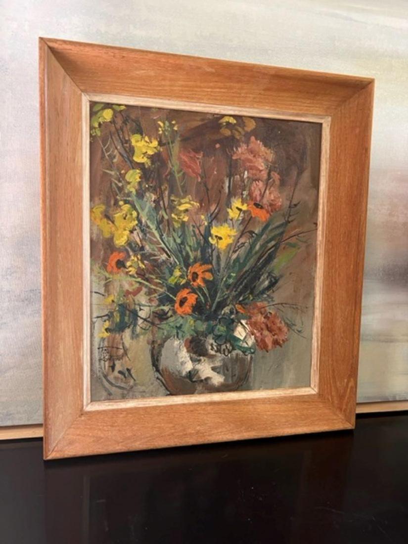 Still life oil painting on board by Ted Christensen (2011-1998). Painted in the late 1950's, set in a light wood frame. Signed by the artist in bottom left and top right.

Painting measures 18 x 15.25

Ted Christensen taught at the Art