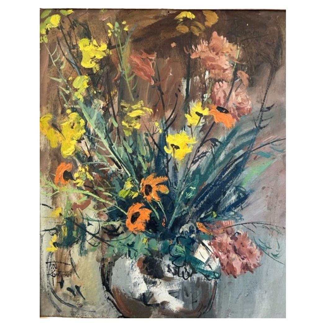 Vintage Floral Still Life Oil Painting by Ted Christensen