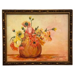Ölgemälde im Vintage-Stil mit Blumenstillleben – signiert „A. Hoodless“ – gerahmtes Kunstwerk.