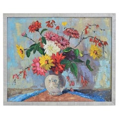 Vintage Floral Still Life Painting in Contemporary Frame
