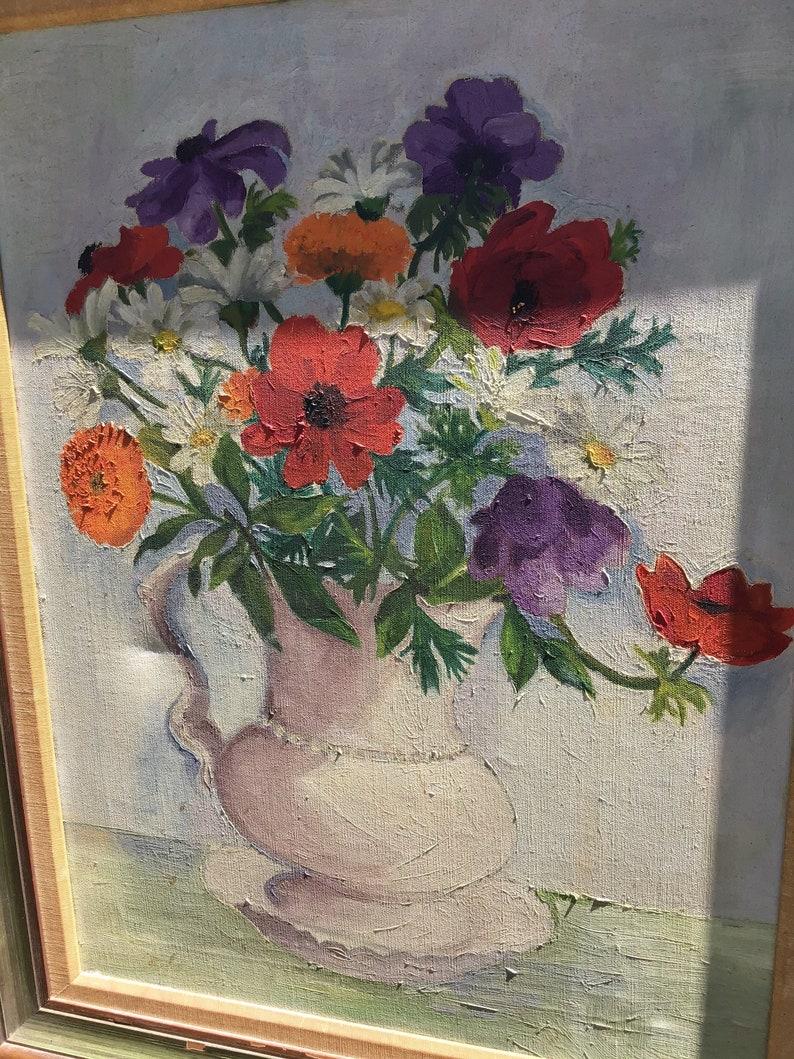 Peinture - Nature morte florale vintage - Vase à fleurs - Peinture à l'huile signée État moyen - En vente à East Hampton, NY