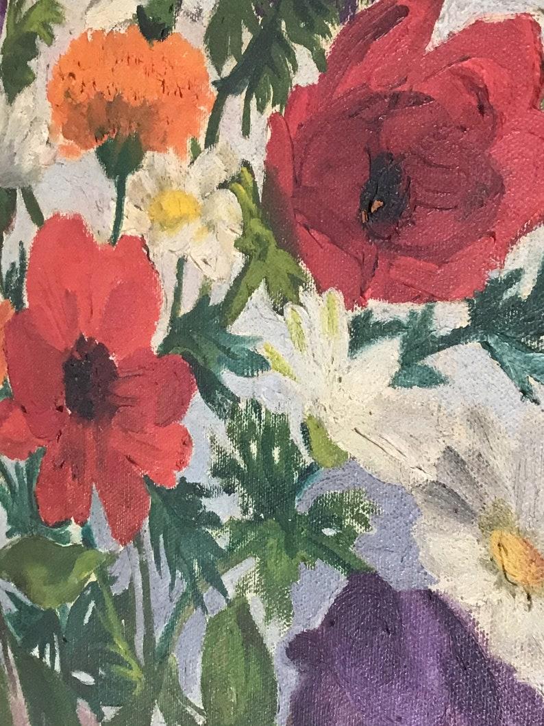 20ième siècle Peinture - Nature morte florale vintage - Vase à fleurs - Peinture à l'huile signée en vente