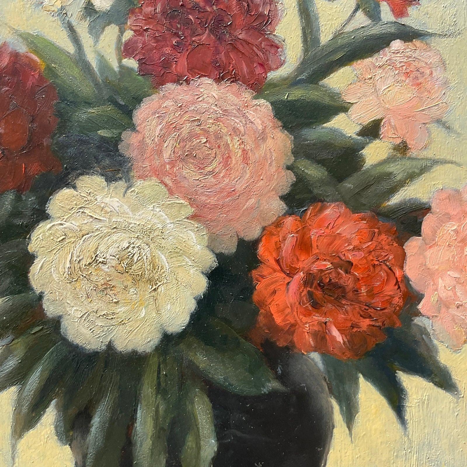 A fantastic vintage Boho original oil painting. A beautiful floral in bright clear colors. Signed by the artist. Acquired from a Palm Beach estate.
