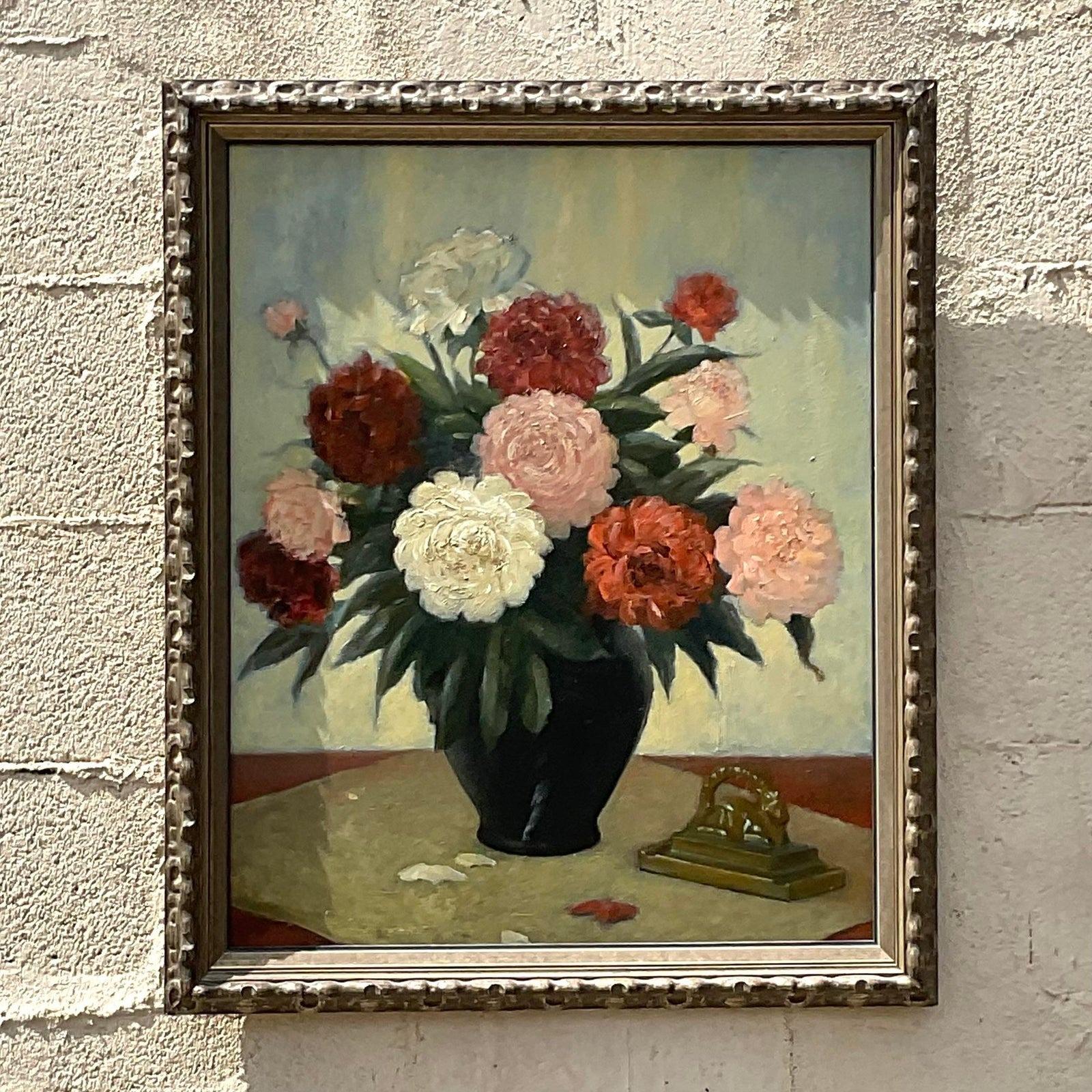 Vintage Floral Still Life Signed Original Oil Painting on Canvas In Good Condition For Sale In west palm beach, FL