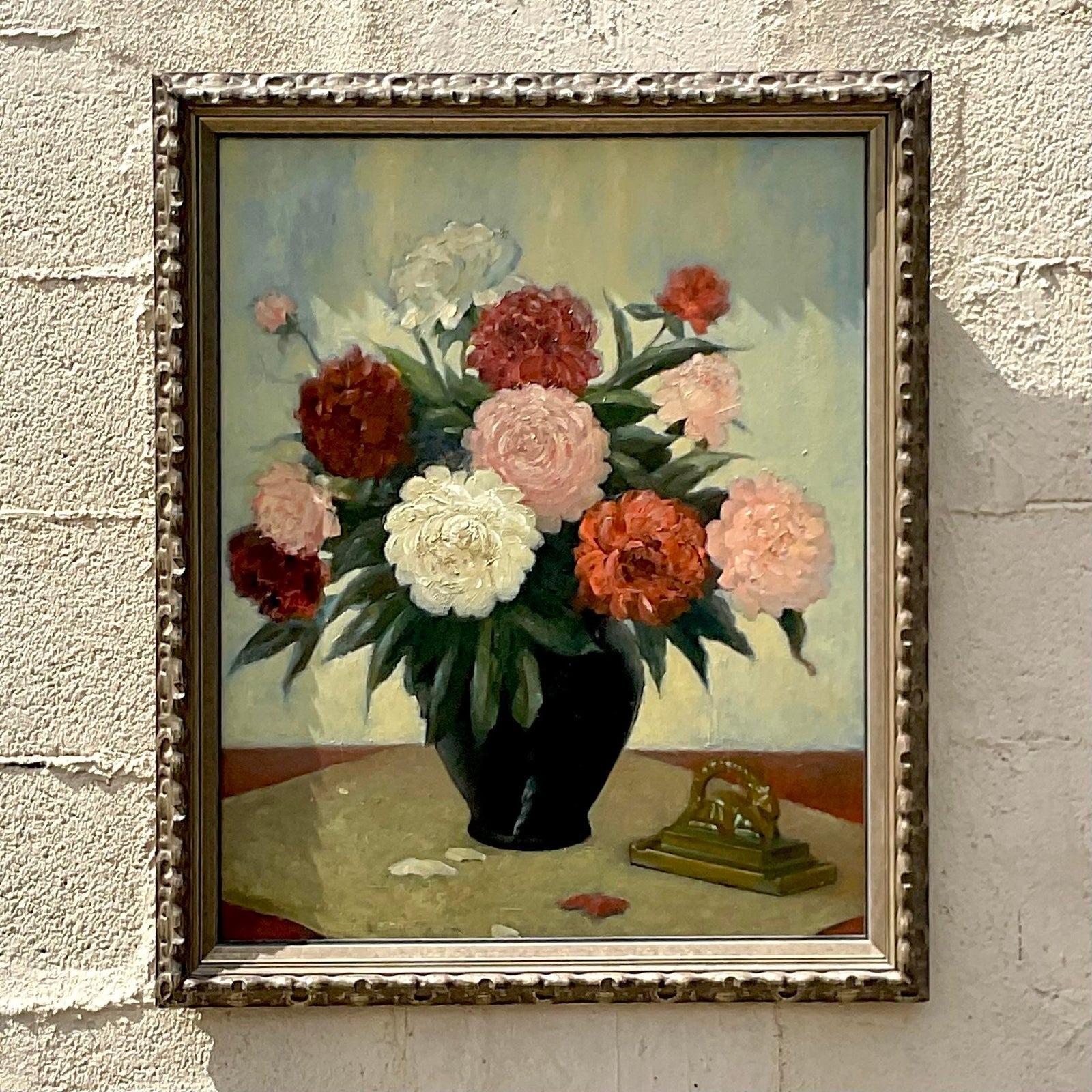 20ième siècle Nature morte florale vintage signée peinture à l'huile originale sur toile en vente