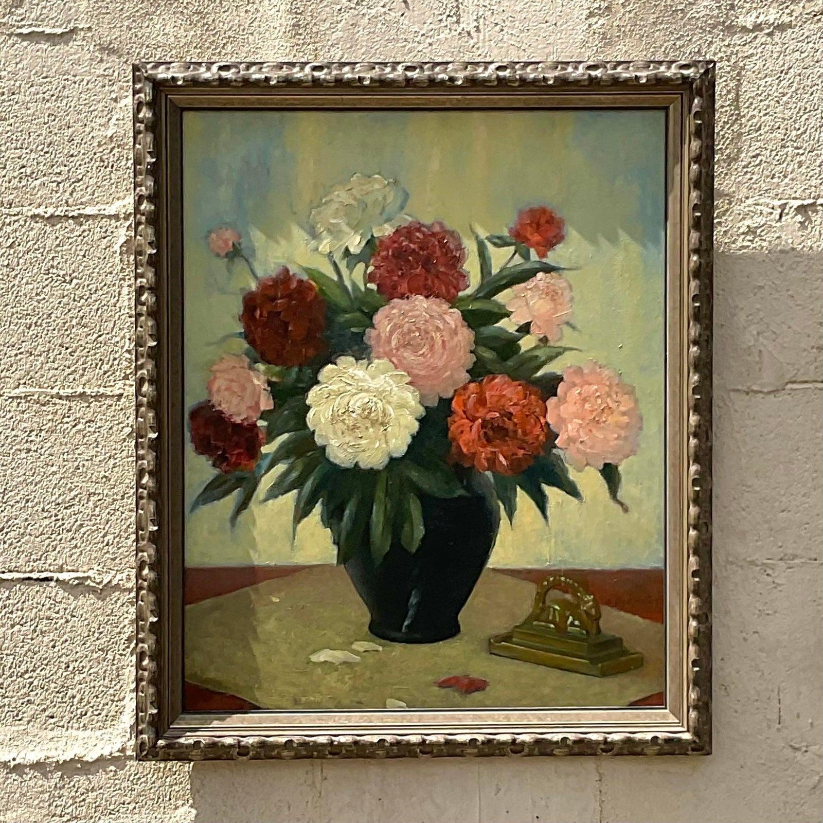 Toile Nature morte florale vintage signée peinture à l'huile originale sur toile en vente