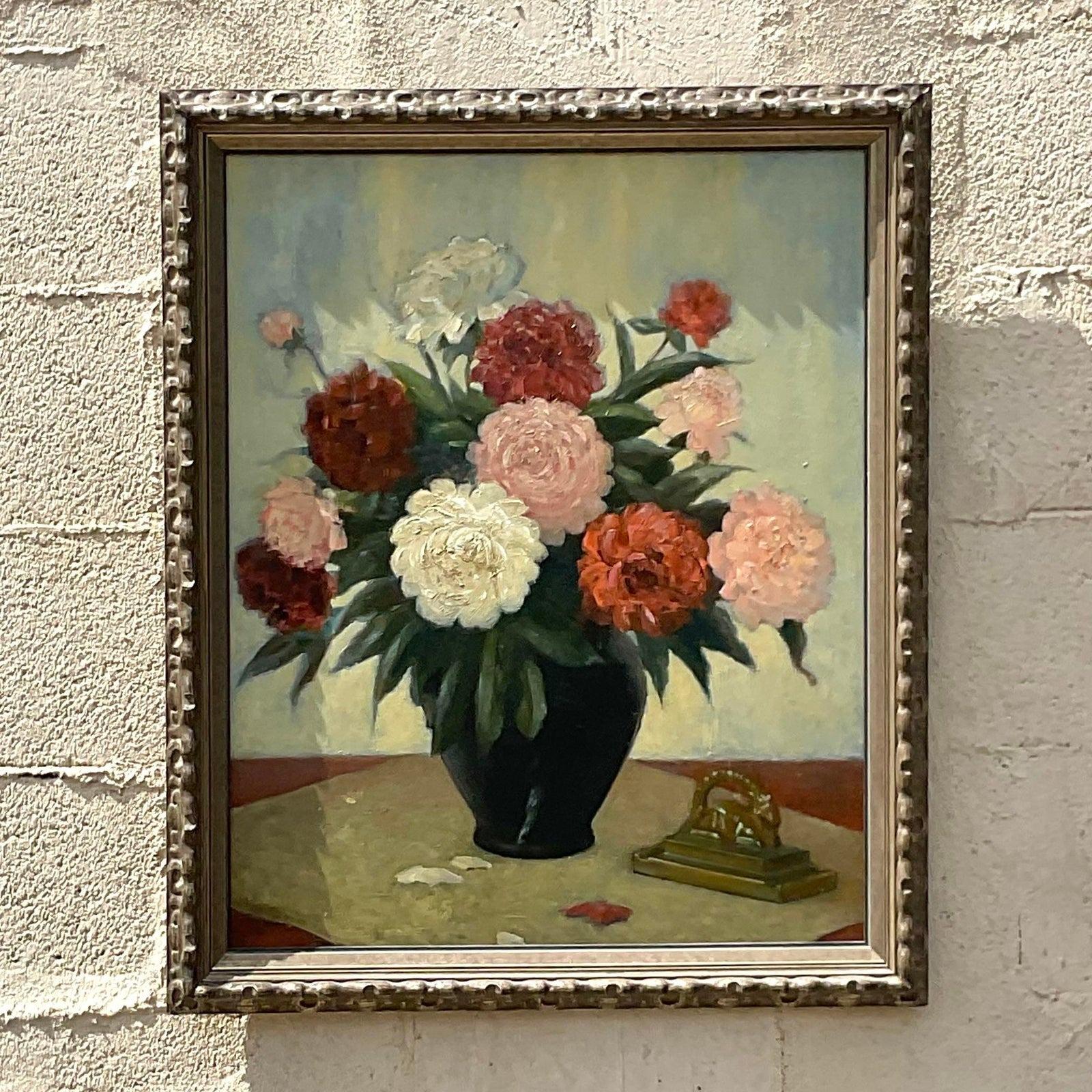 Vintage Floral Still Life Signed Original Oil Painting on Canvas For Sale 3