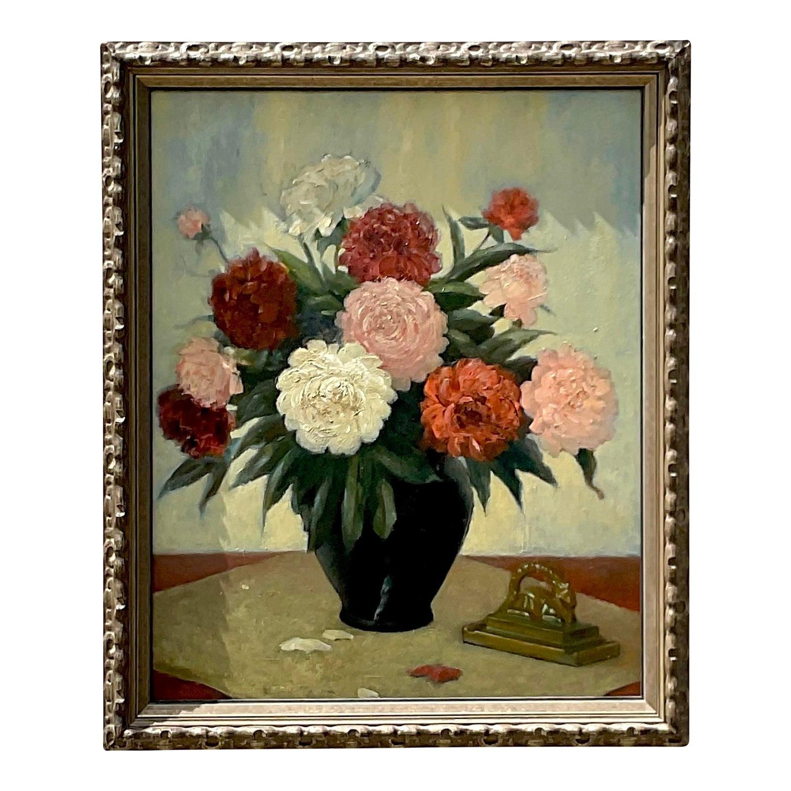 Vintage Floral Still Life Signed Original Oil Painting on Canvas For Sale