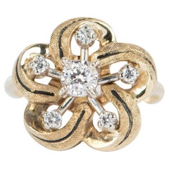 Vintage Floral Style Diamond and Enamel Engagement Ring 14k Gold V1077