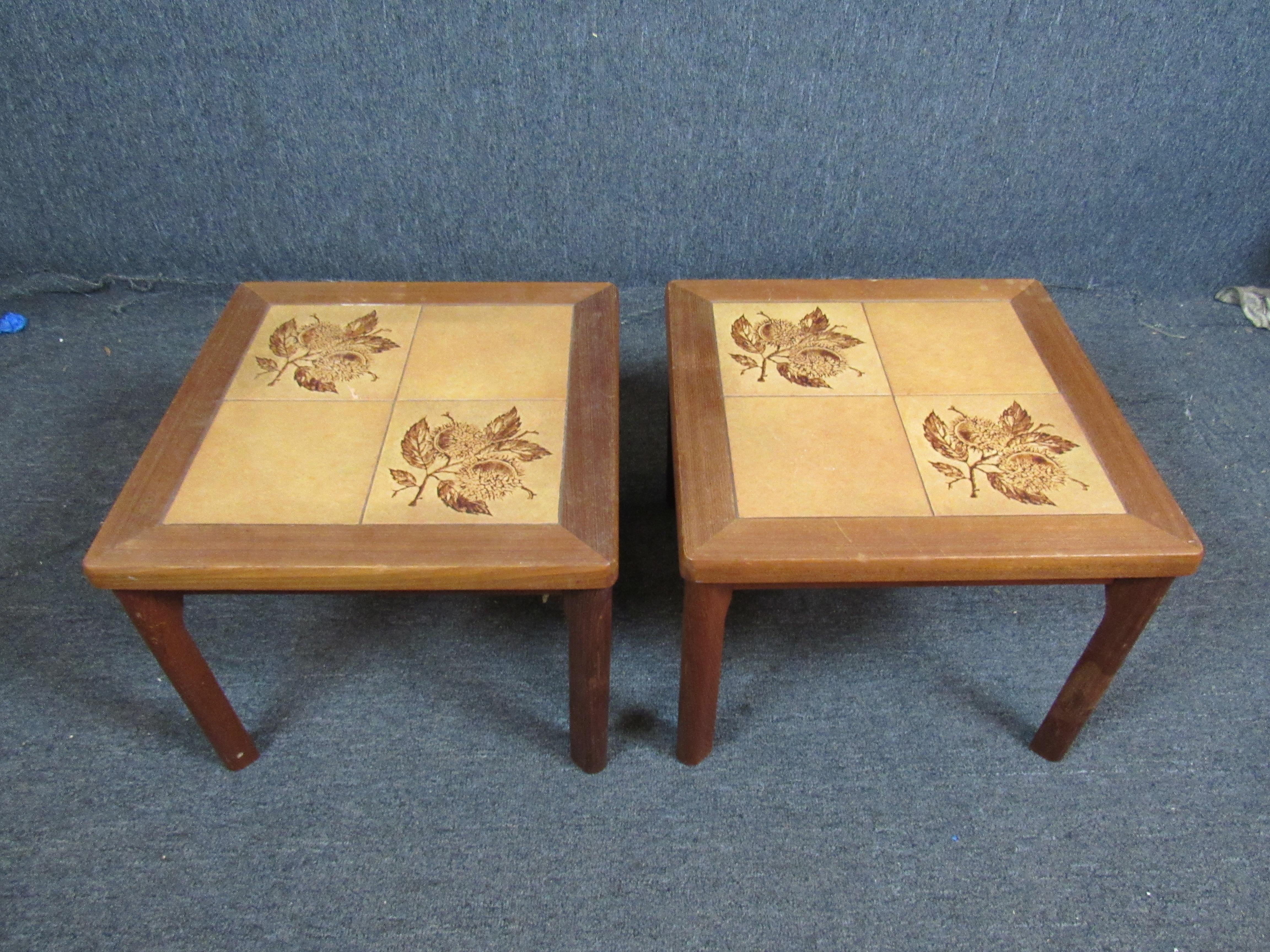 Charming little pair of unique tiled side tables with a vintage floral motif. A convenient 20x20