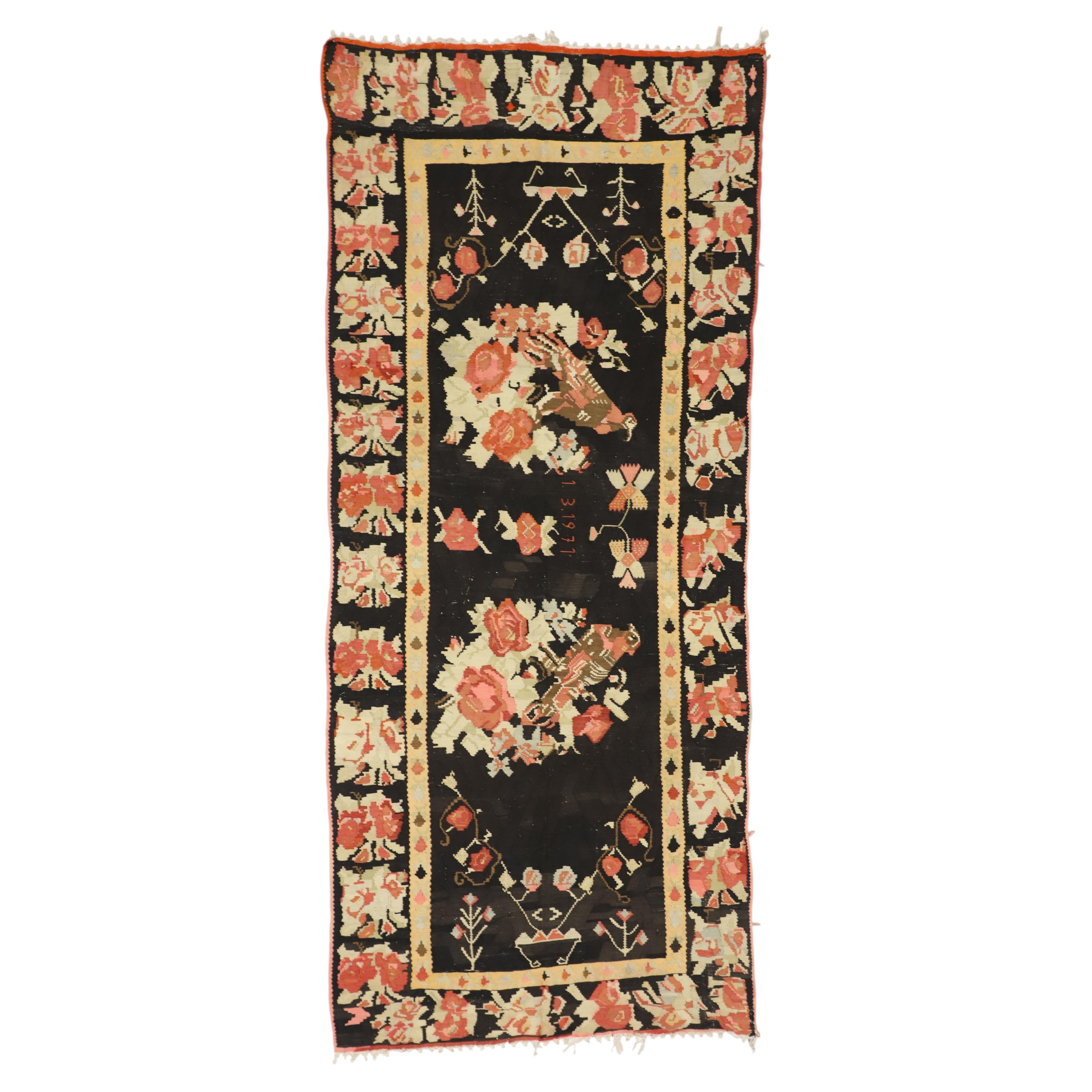 The Imperial Aviary: A Vintage Karabagh Kilim Masterpiece of Romantic Folklore For Sale