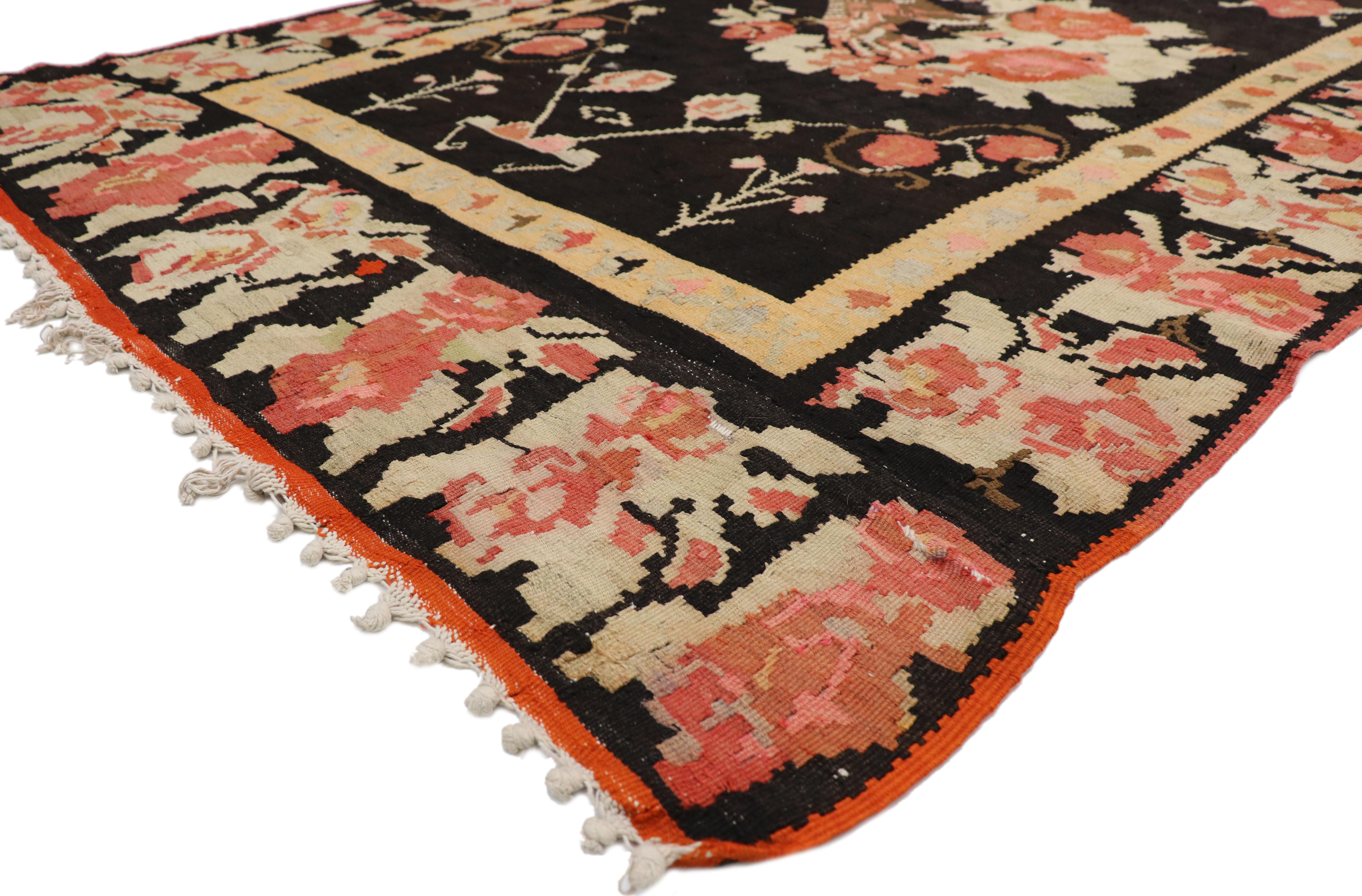 77346 Vintage Floral Turkish Kilim Rug with Chintz Style and Bessarabian Rose Design, Flat-weave Rose Kilim Gallery Rug 05'04 x 12'05. Drawing inspiration from Mario Buatta and Chintz style, this hand-woven floral Turkish kilim rug gives a lively