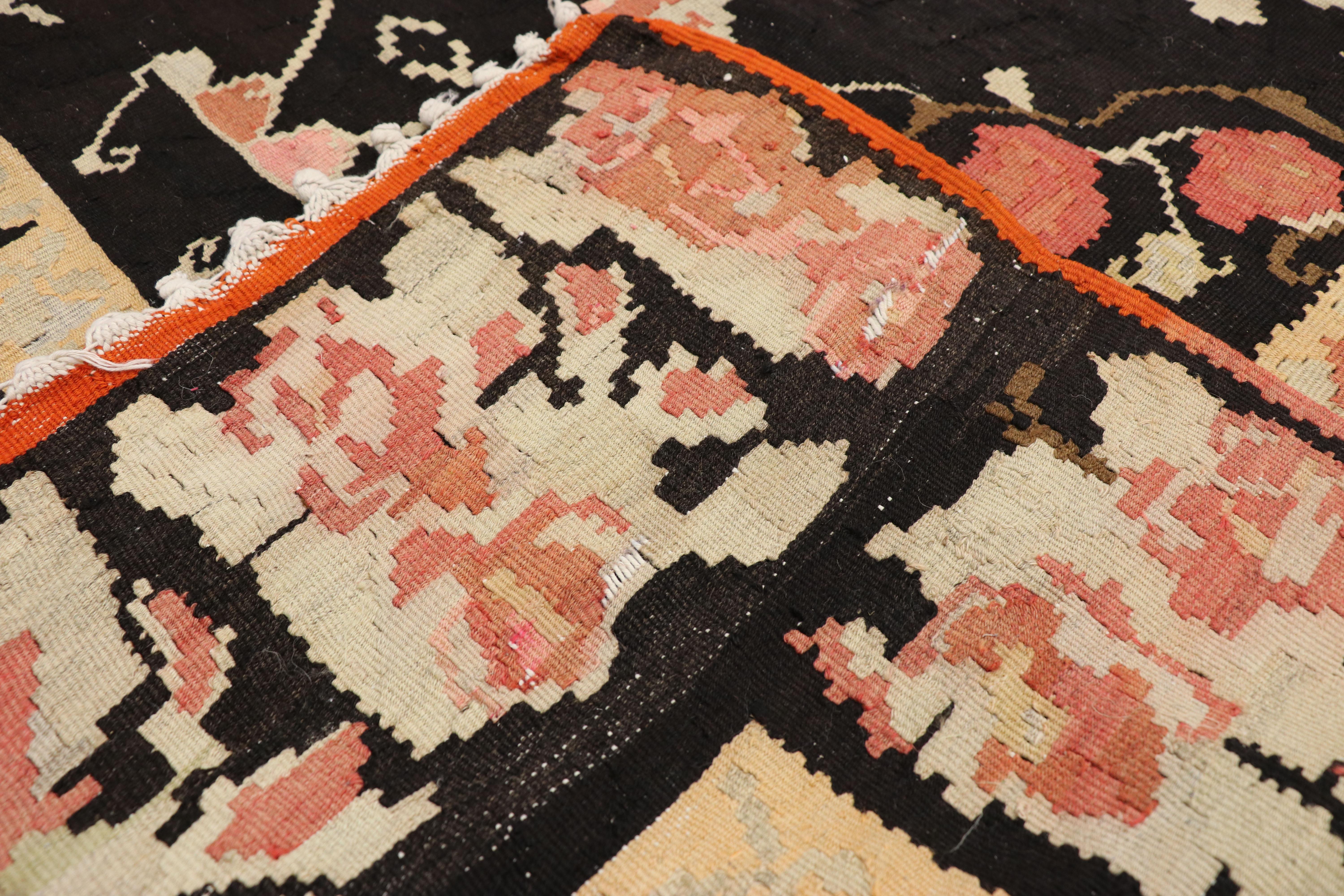 Hand-Woven Vintage Floral Turkish Kilim Rug with Chintz Style and Bessarabian Rose Design  For Sale