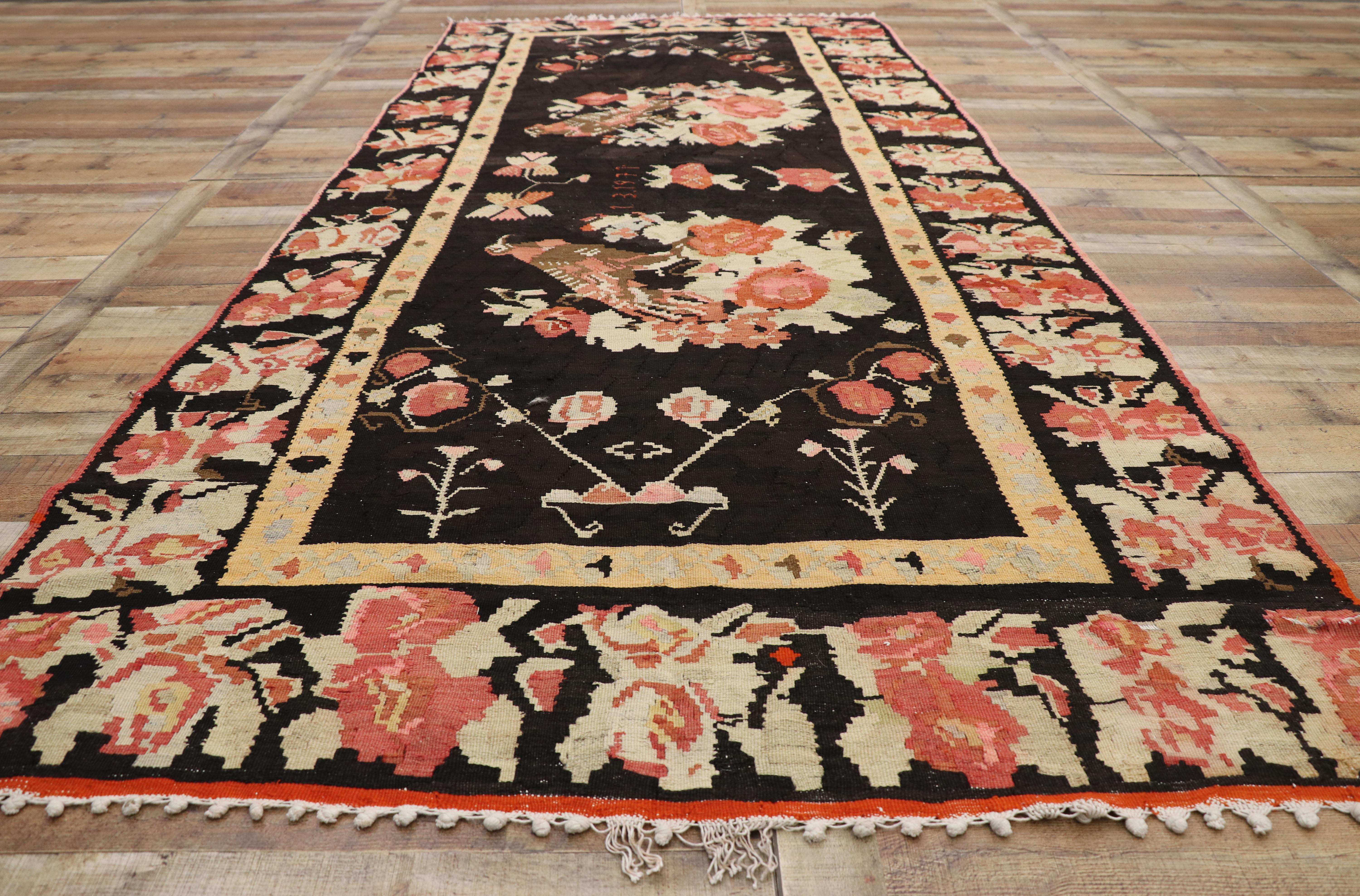 20th Century Vintage Floral Turkish Kilim Rug with Chintz Style and Bessarabian Rose Design  For Sale