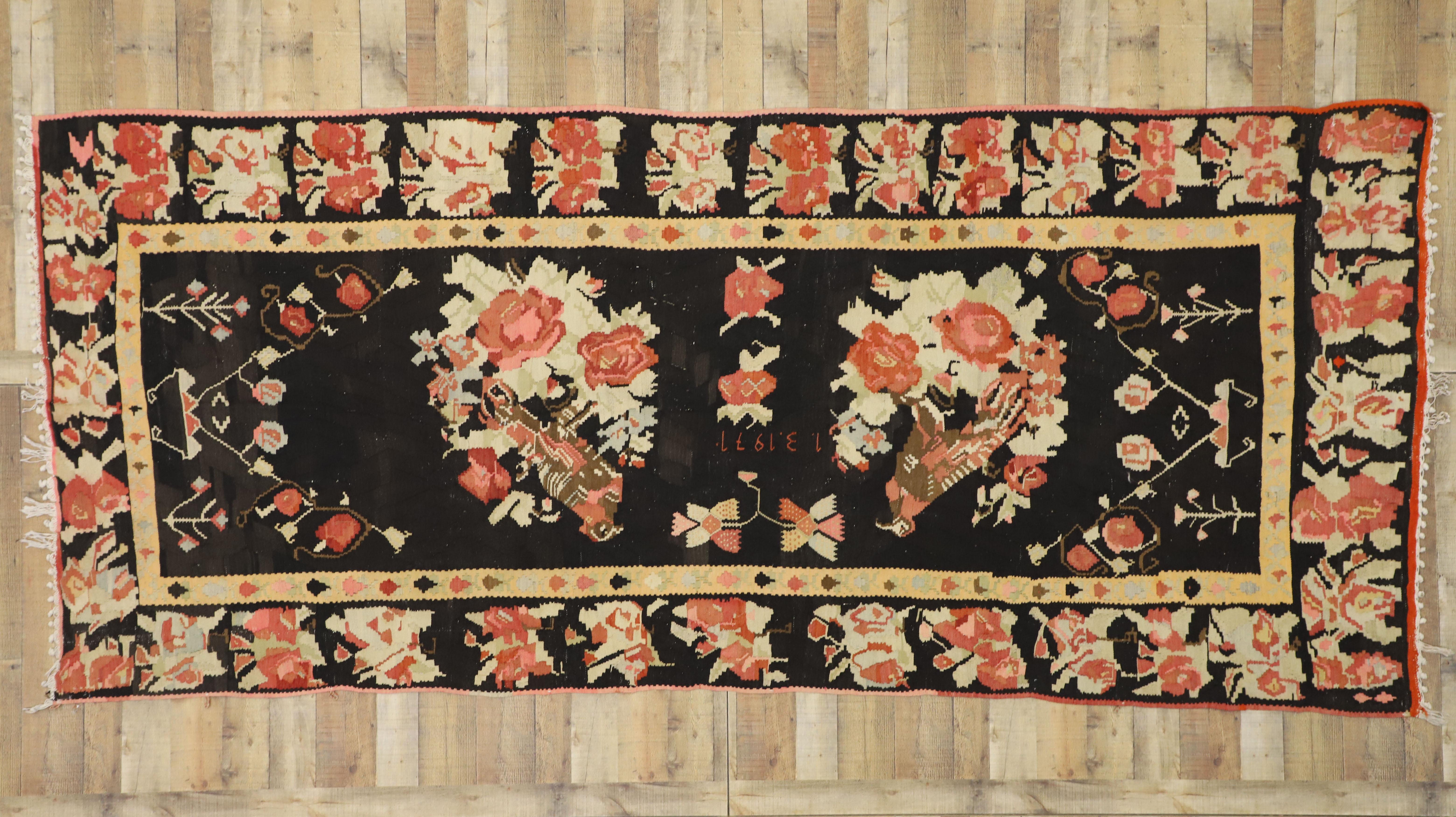 Wool Vintage Floral Turkish Kilim Rug with Chintz Style and Bessarabian Rose Design  For Sale
