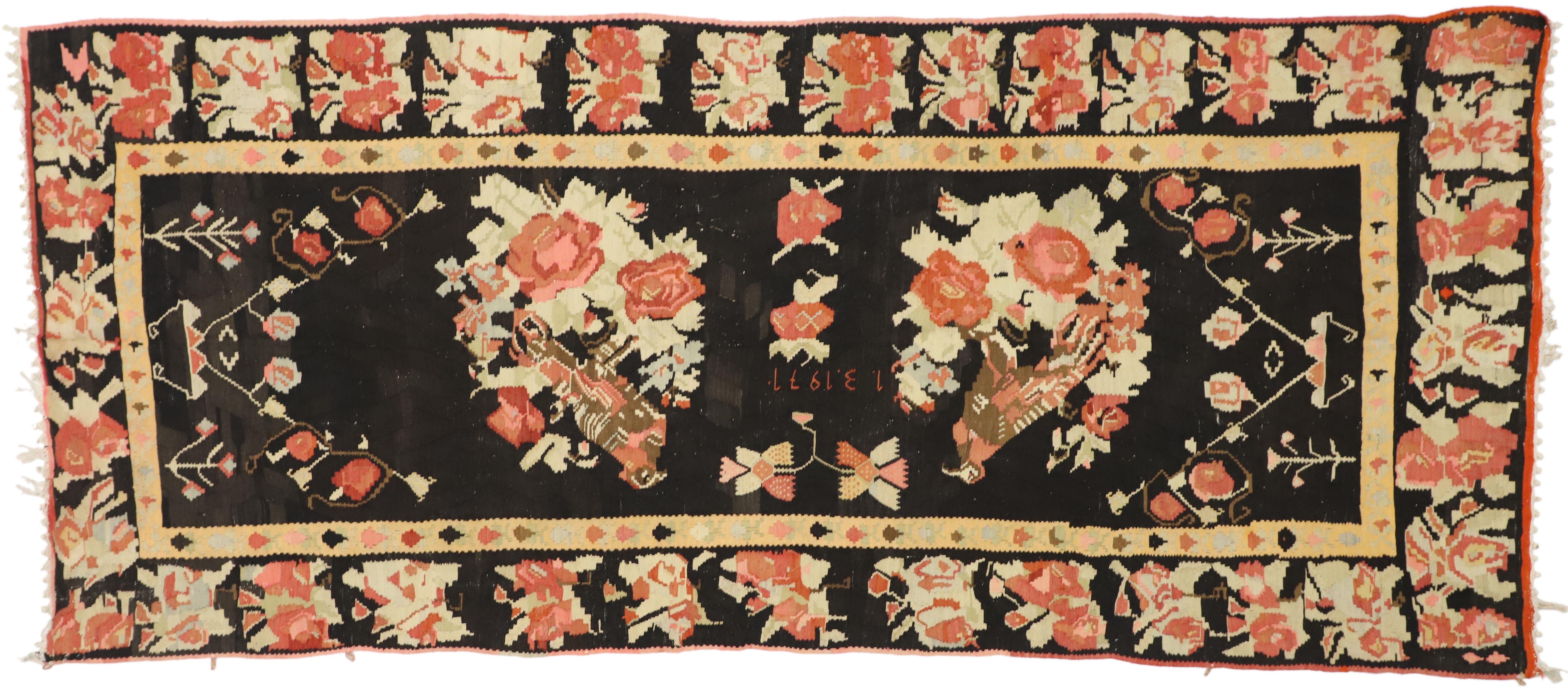 Vintage Floral Turkish Kilim Rug with Chintz Style and Bessarabian Rose Design  For Sale 1
